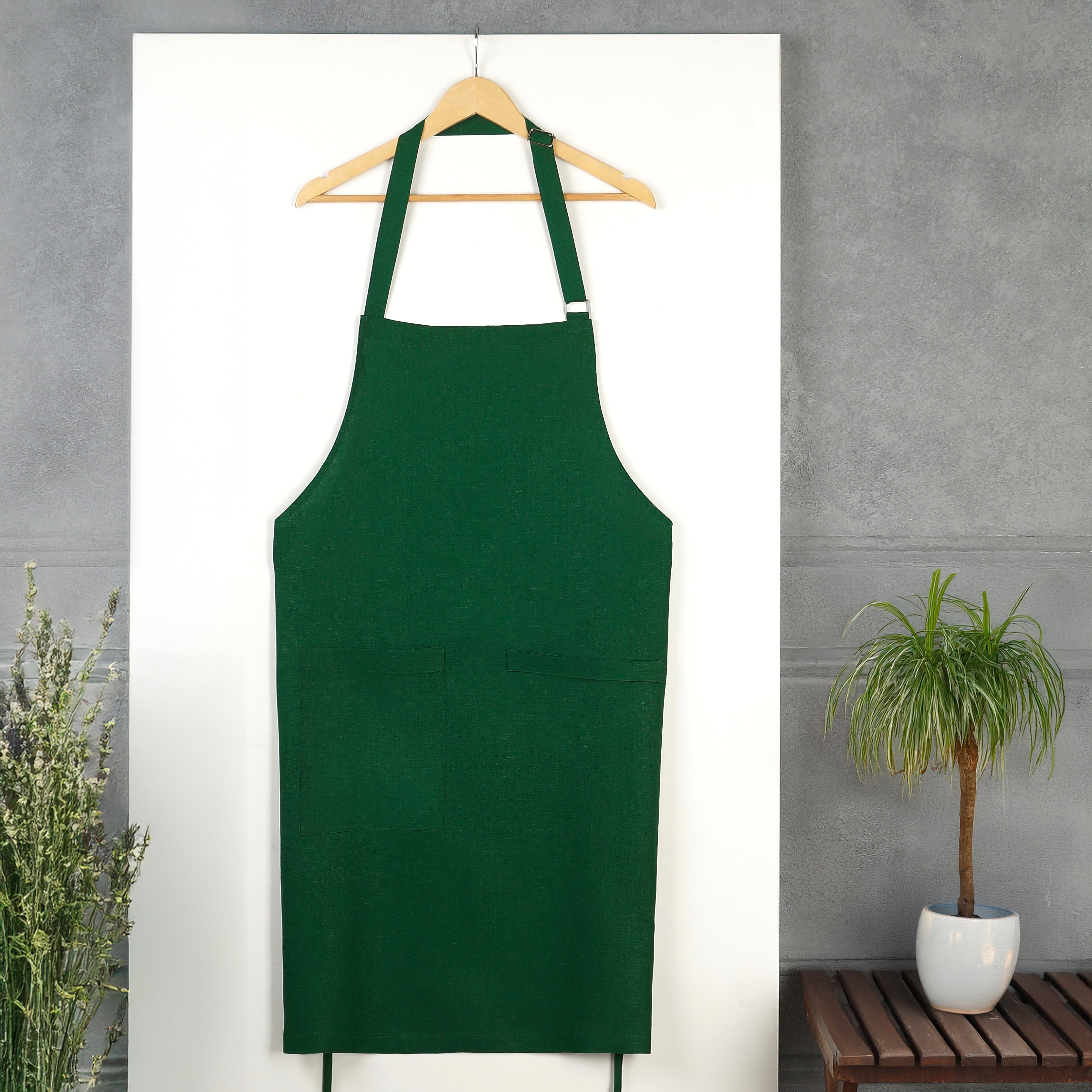 Forest Green Linen Apron - Adjustable Strap