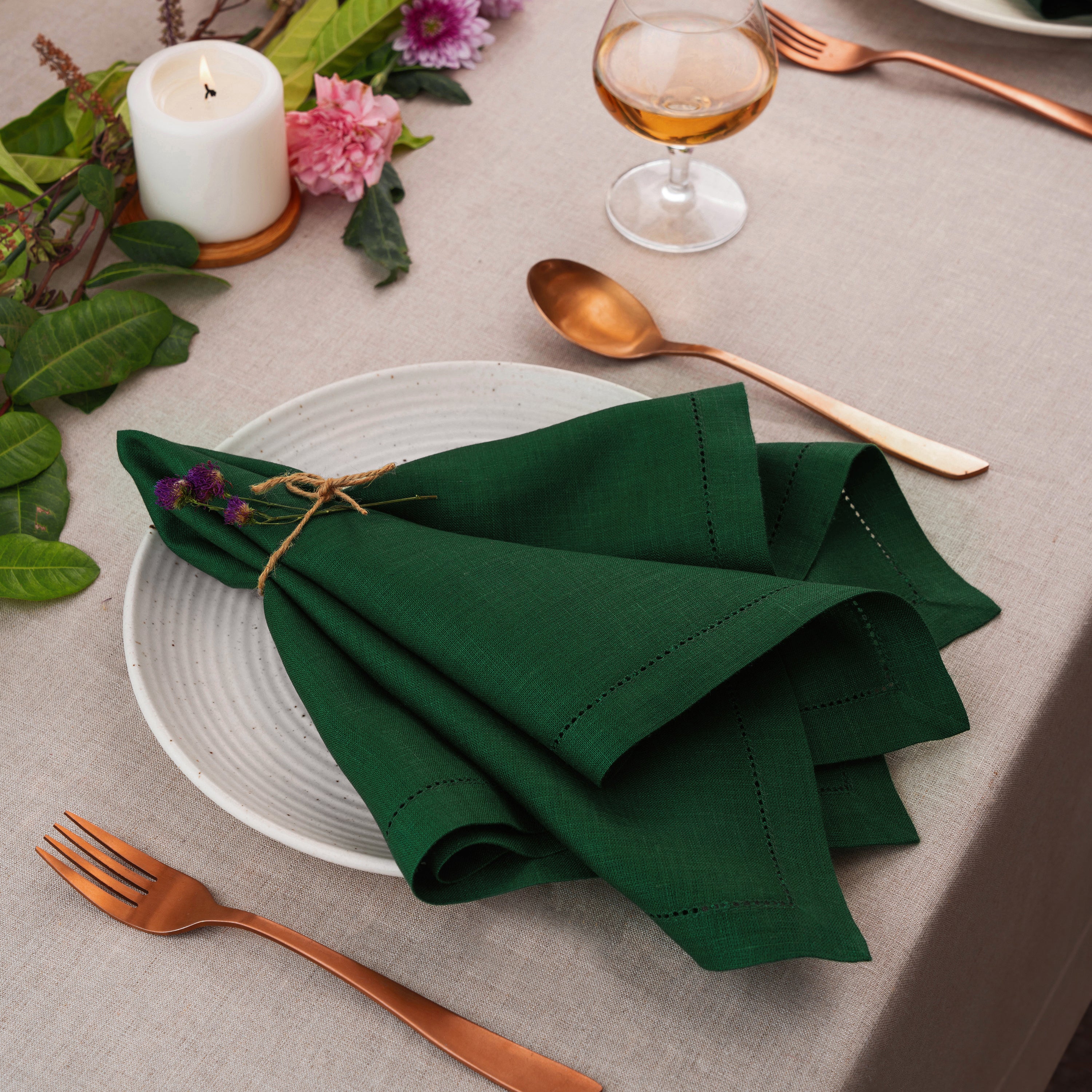 Forest green pure linen dinner napkins with matching D'Moksha table linens