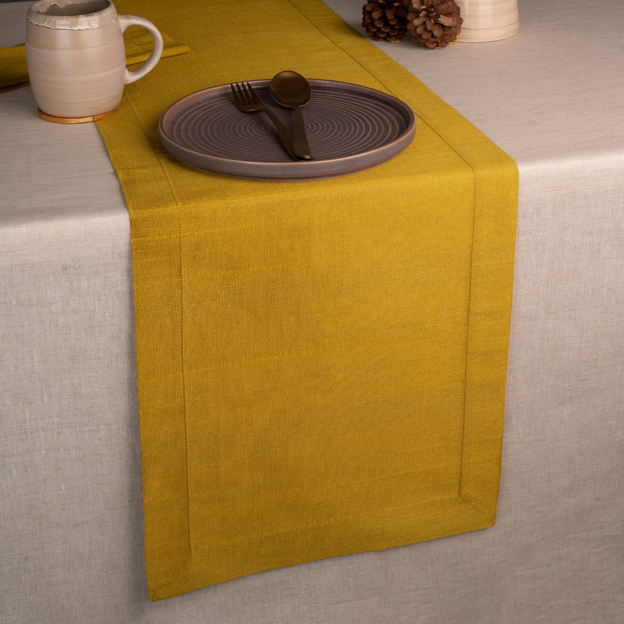 Gold Luxe Shine table runner with mitered corners, 14 x 36 inches