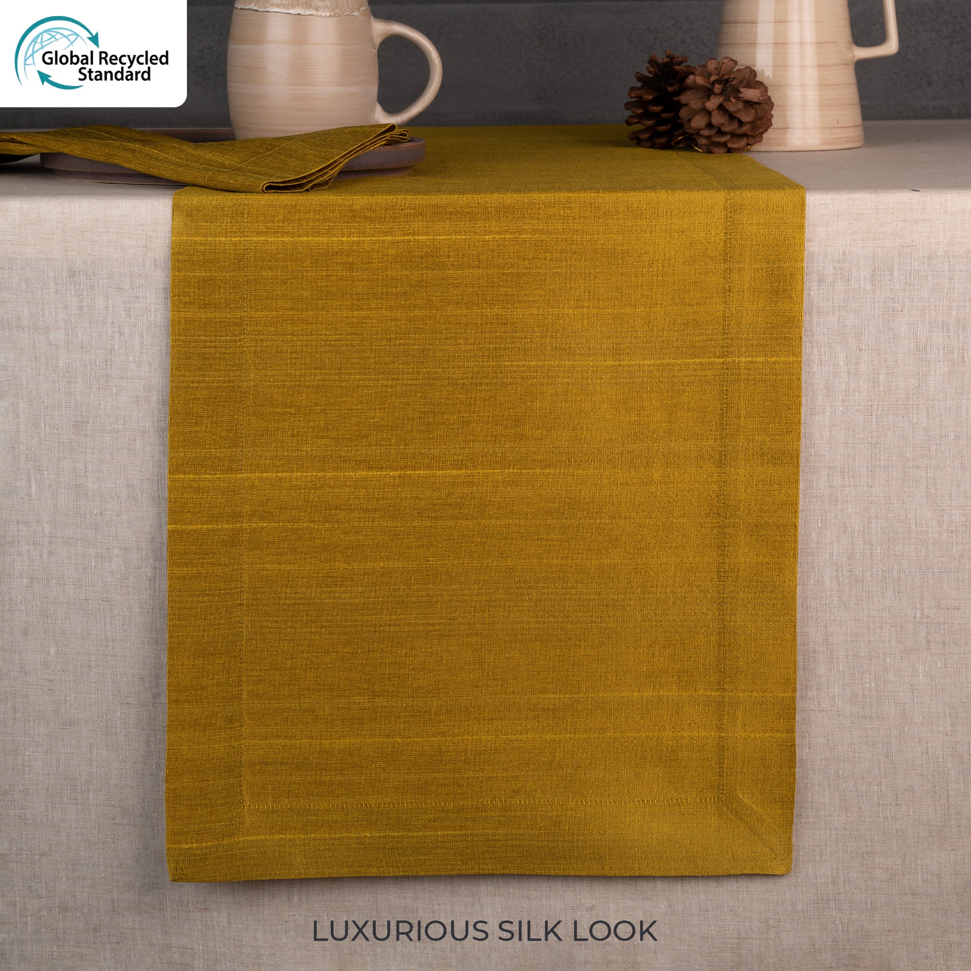 Gold Luxe Shine table runner styled on a dining table