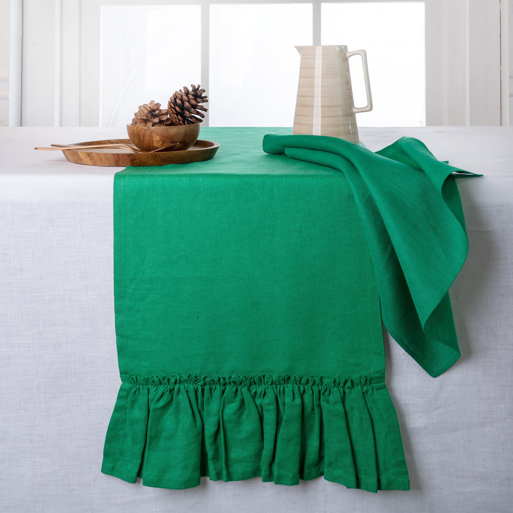 Kelly green pure linen table runner with ruffled edge, 14 x 72 inches