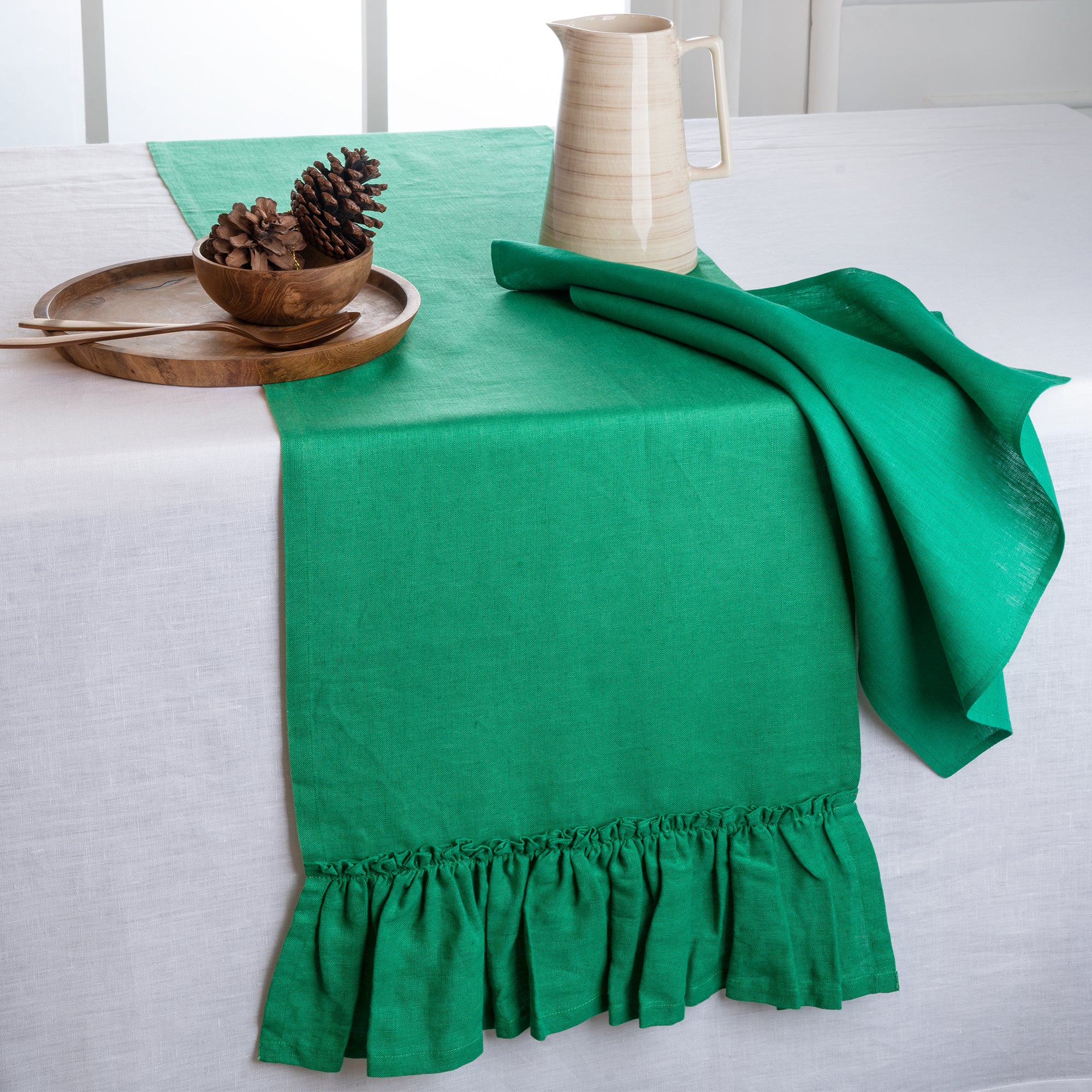 Kelly green pure linen table runner styled on a dining table