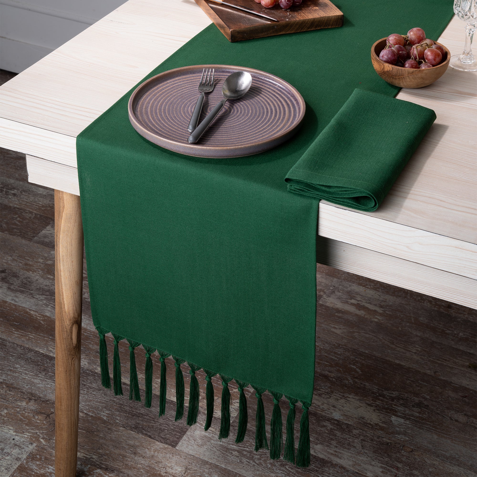 Eden green faux linen table runner styled on a dining table