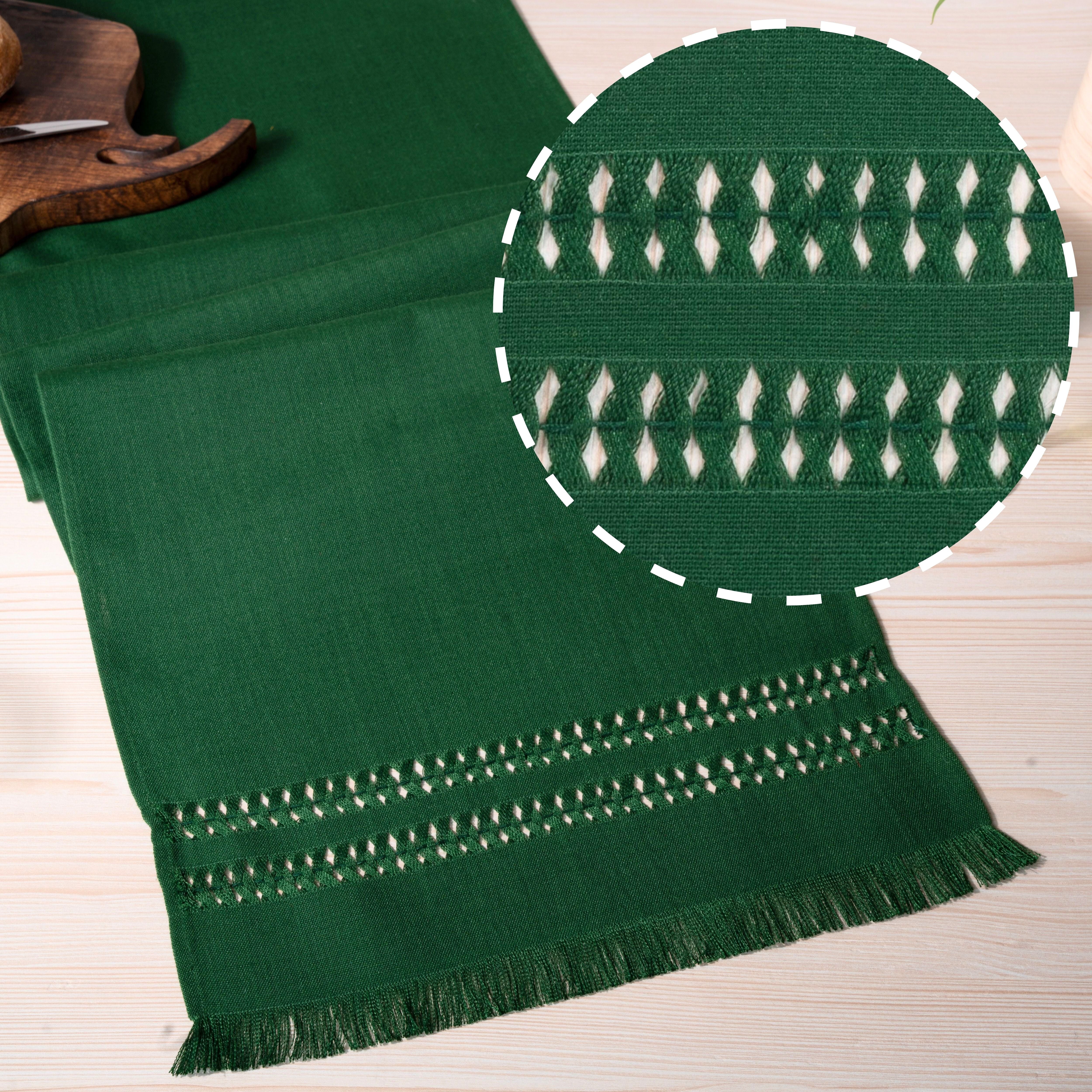 Eden green faux linen table runner with hand-hemstitch edge, 14 x 72 inches