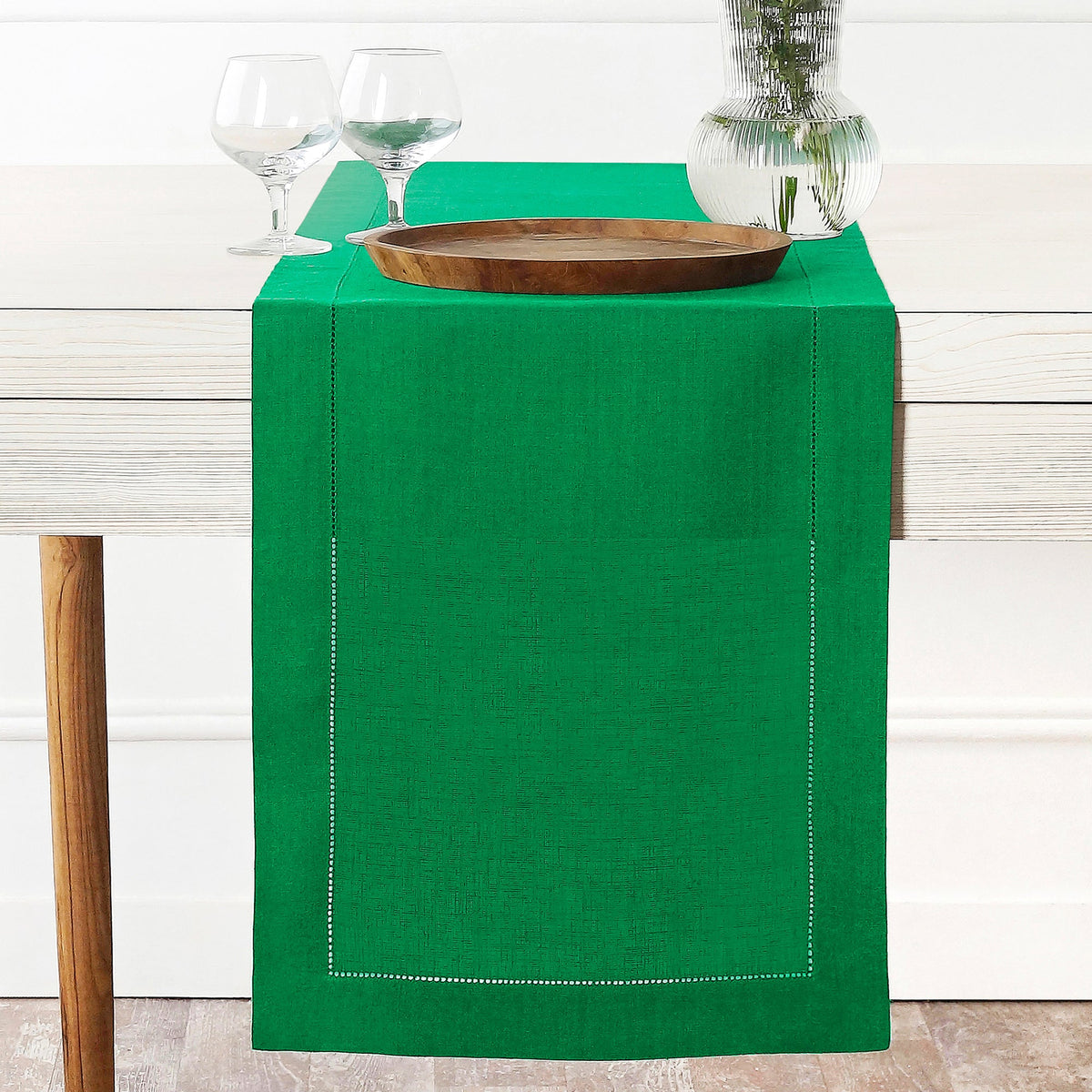 Kelly green linen table runner with hemstitch edge, 14 x 36 inches