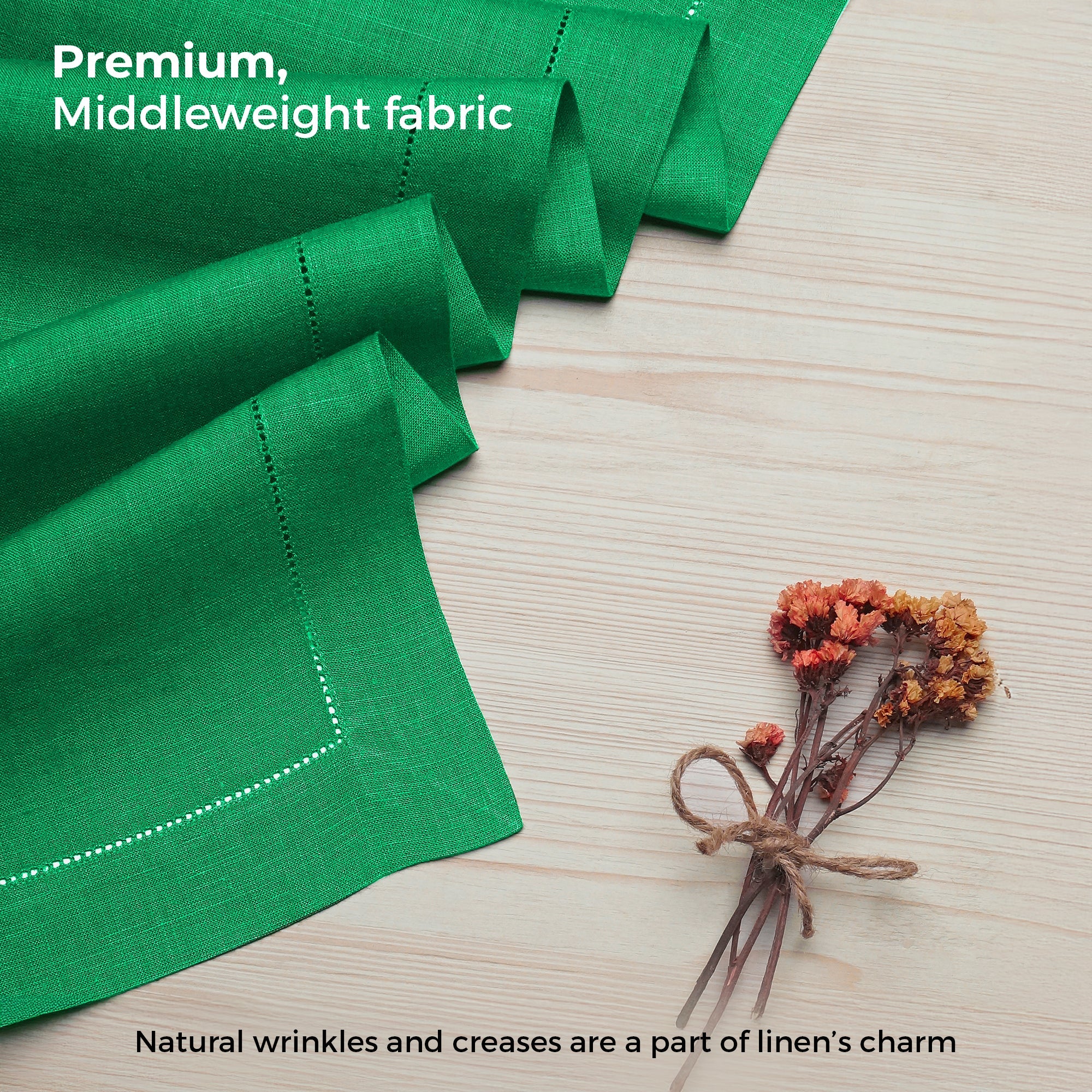 Close-up of the hemstitch edge on a kelly green linen table runner