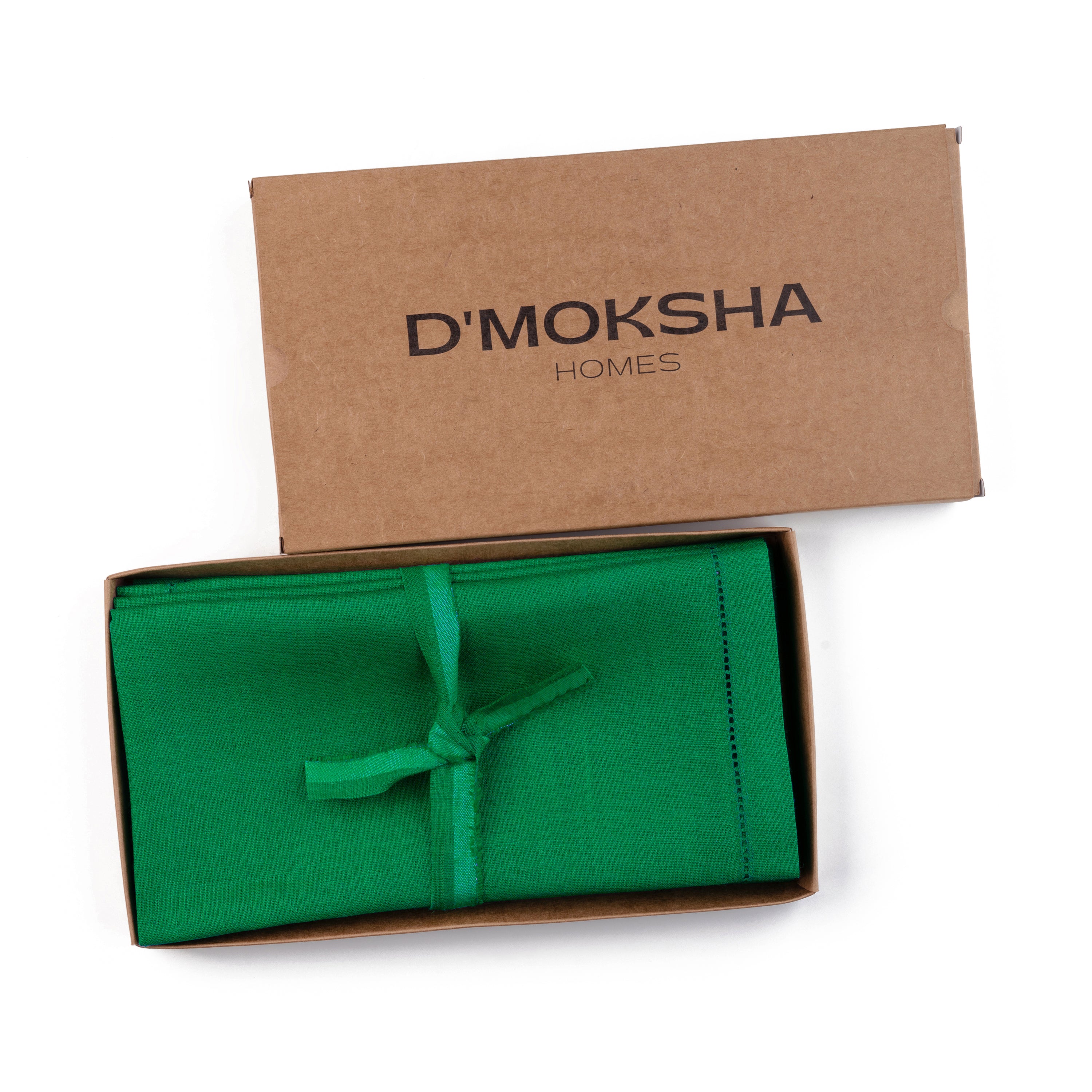 Kelly green pure linen dinner napkins with matching D'Moksha table linens