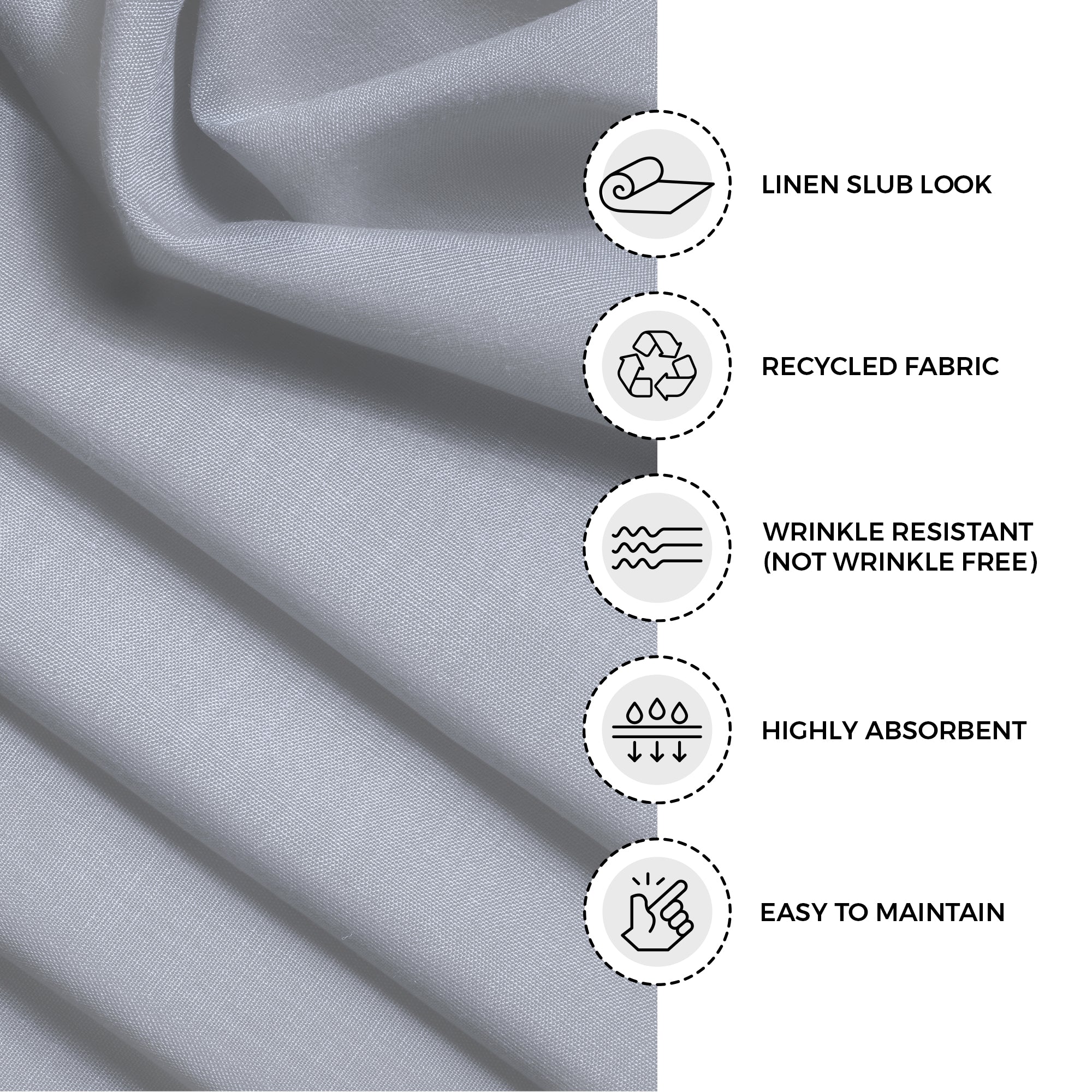 Close-up of the mitered corners on light grey faux linen dinner napkins