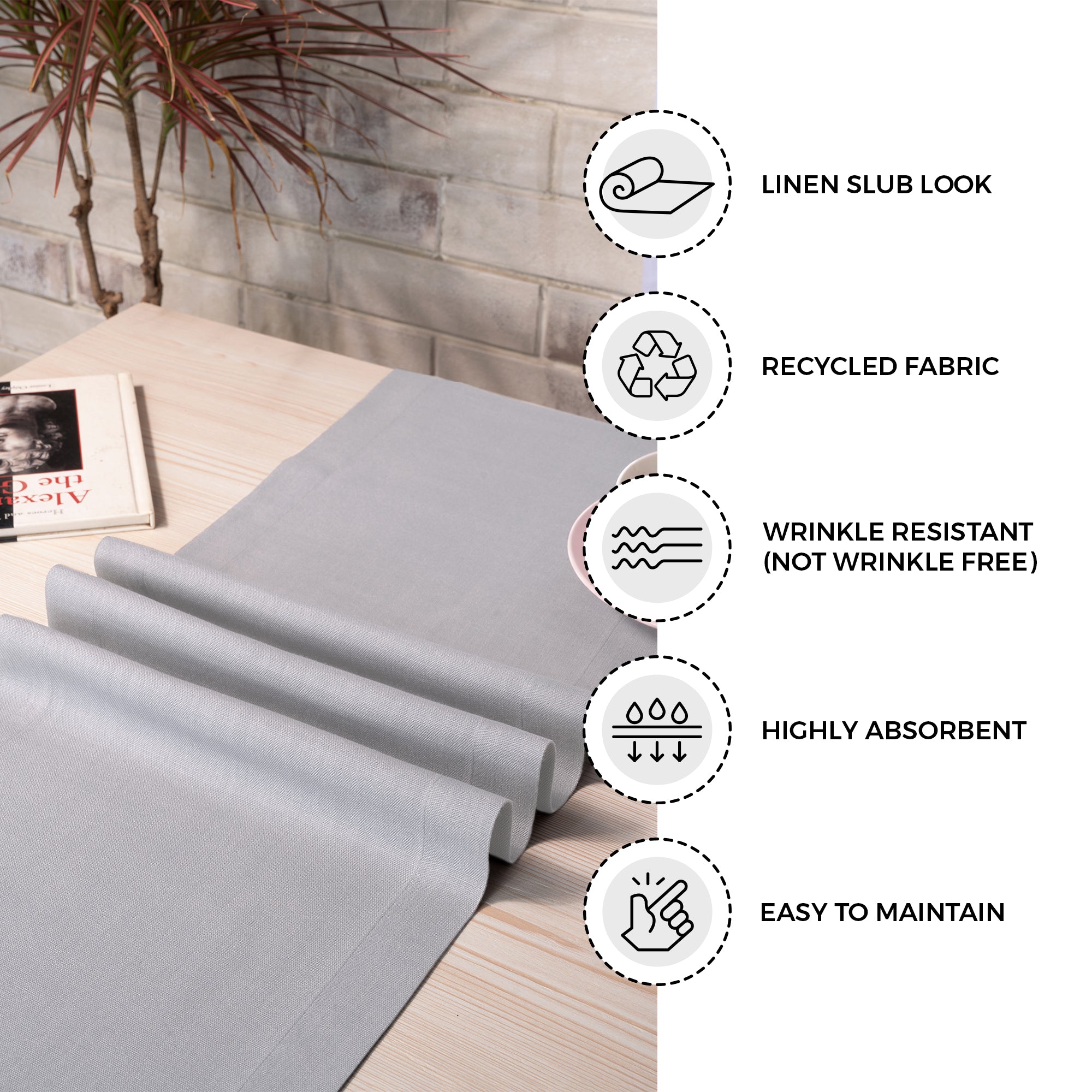 Light grey faux linen table runner with matching D'Moksha table linens