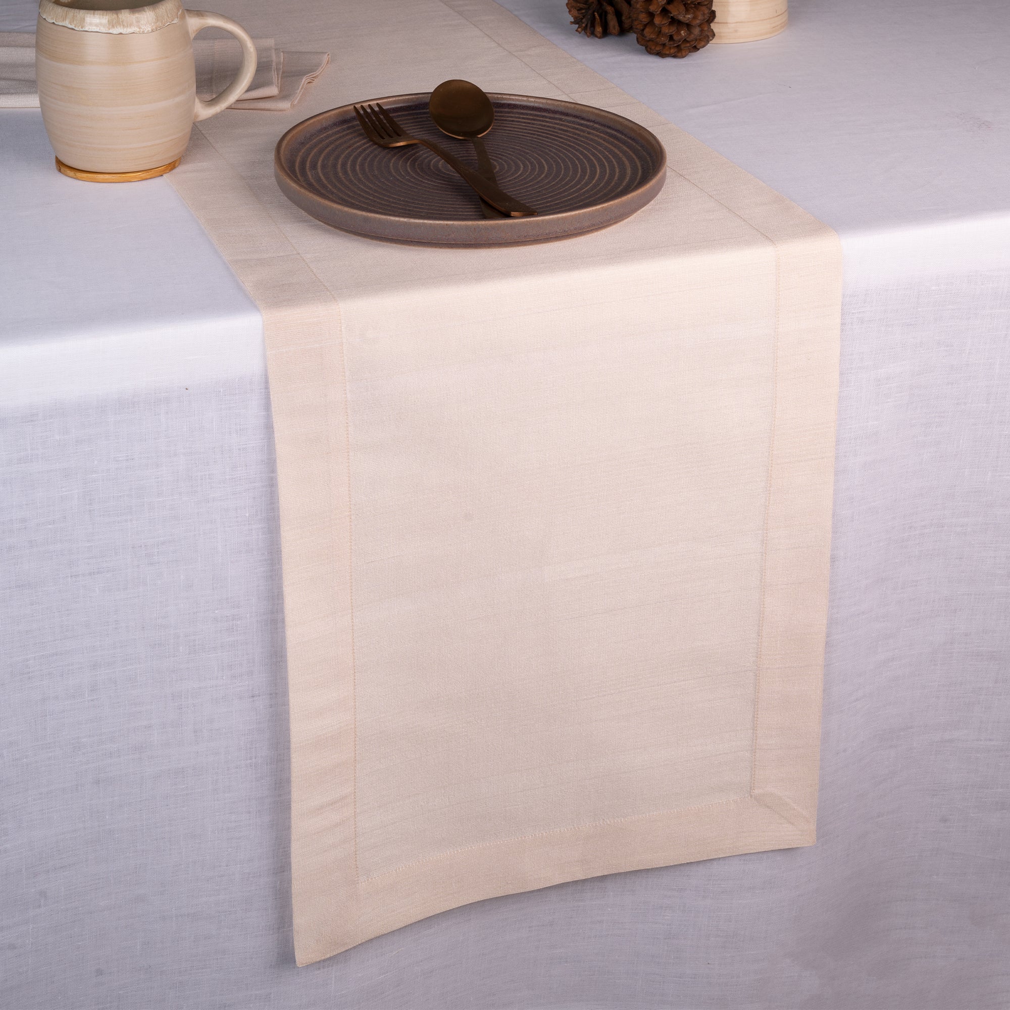 Light natural Luxe Shine table runner with mitered corners, 14 x 36 inches