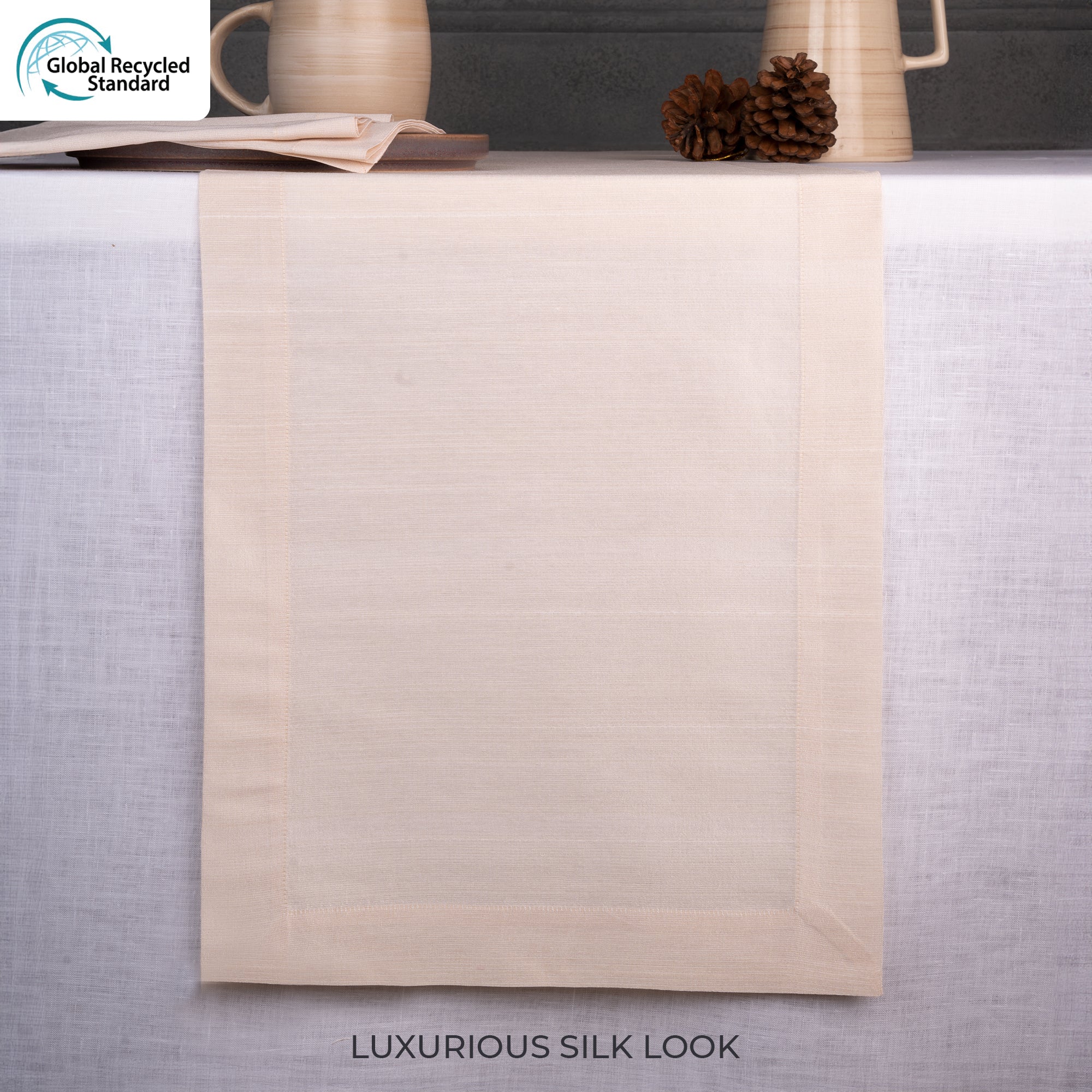 Light natural Luxe Shine table runner styled on a dining table
