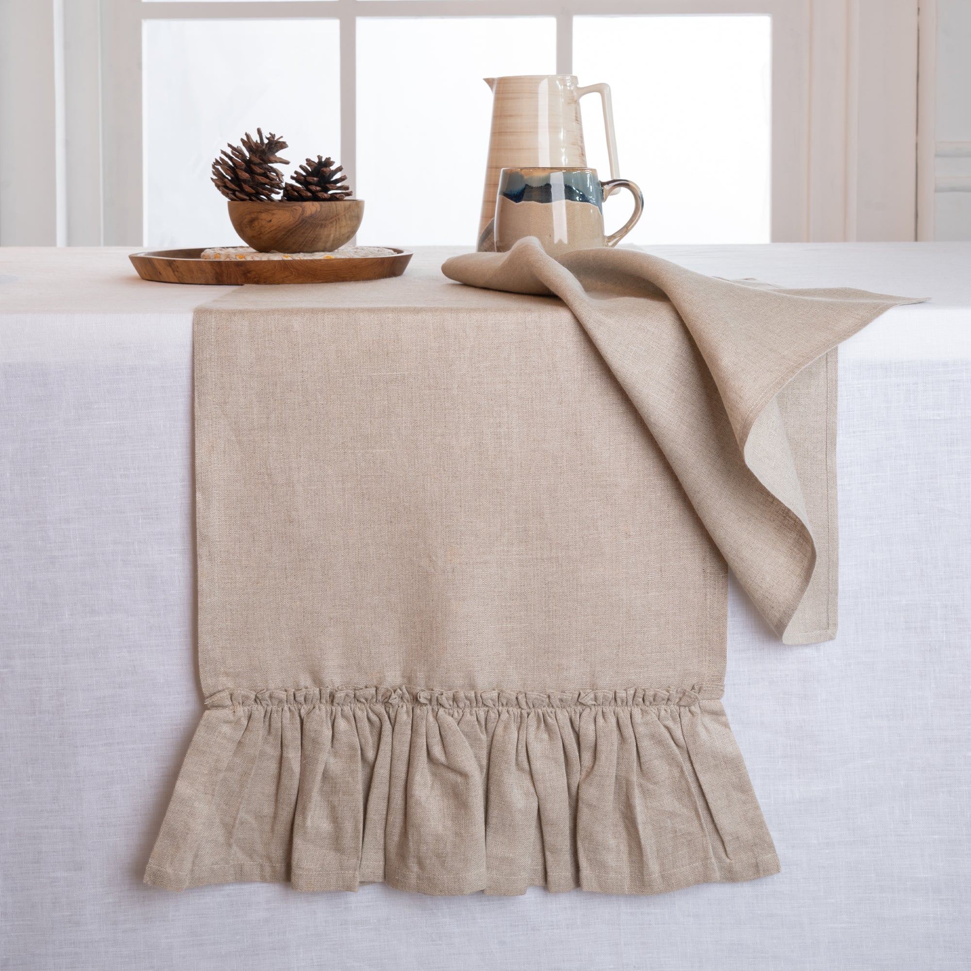 Natural pure linen table runner with ruffled edge, 14 x 72 inches