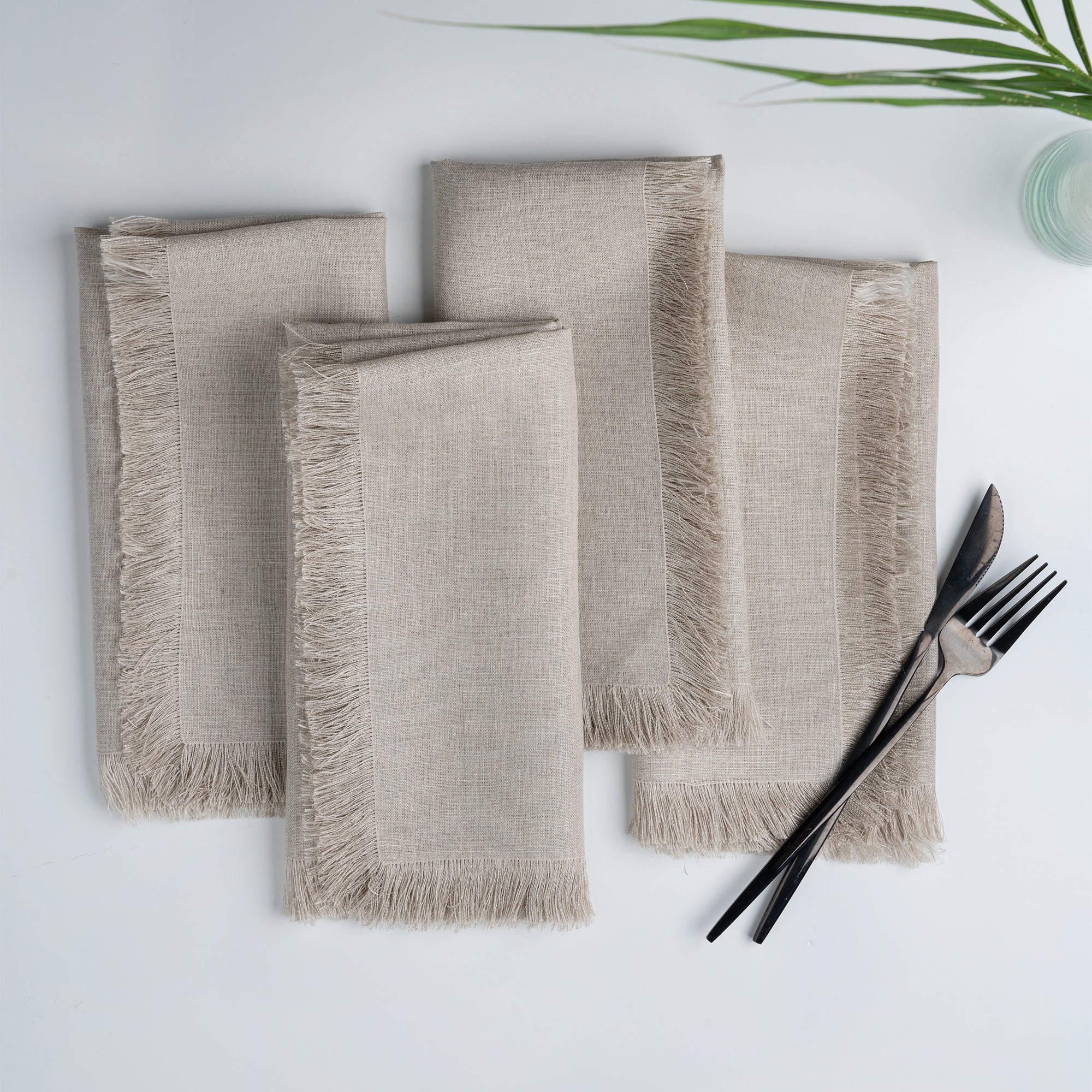 Natural pure linen dinner napkins with fringed edge, 20 x 20 inches, set of 4