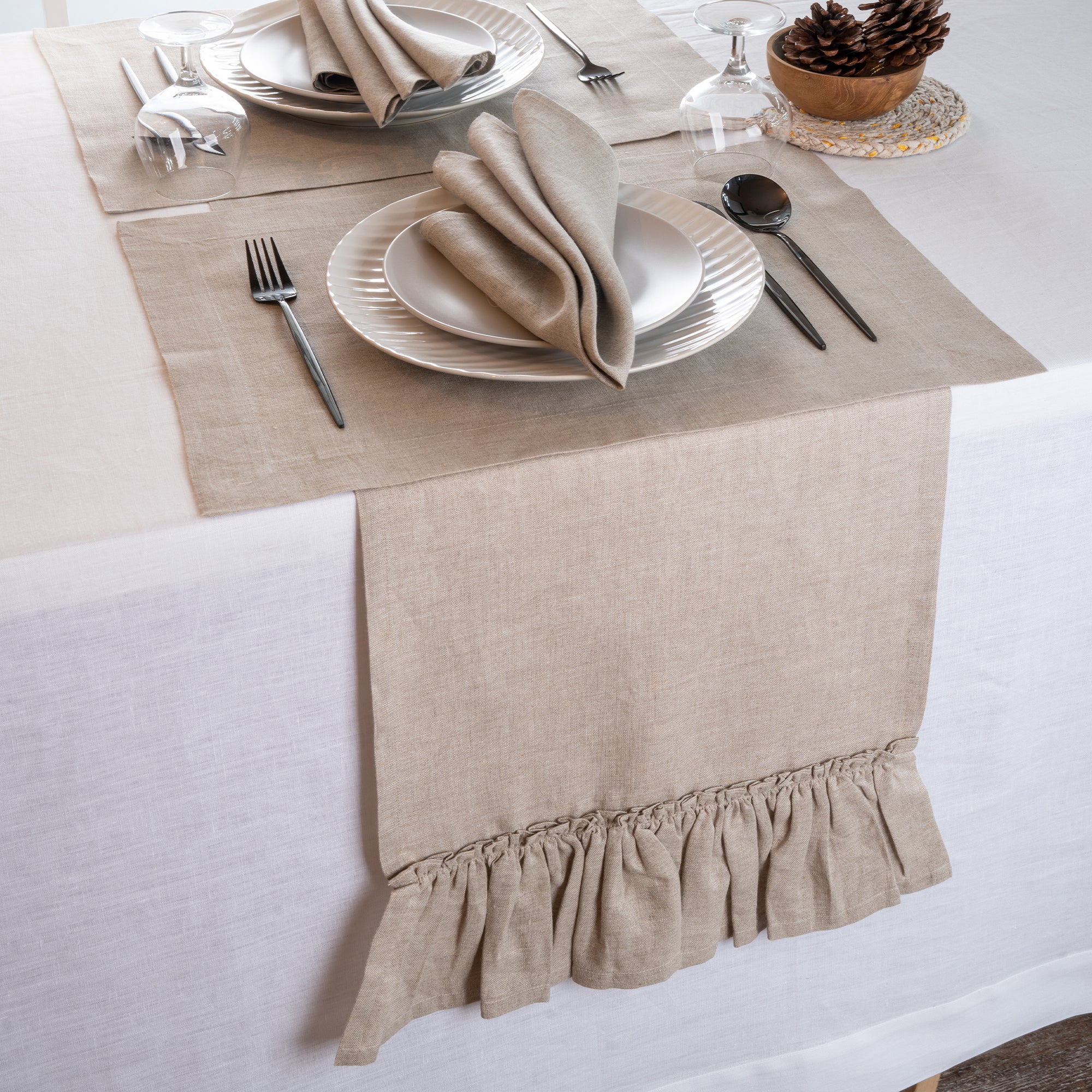 Natural pure linen table runner with matching D'Moksha table linens