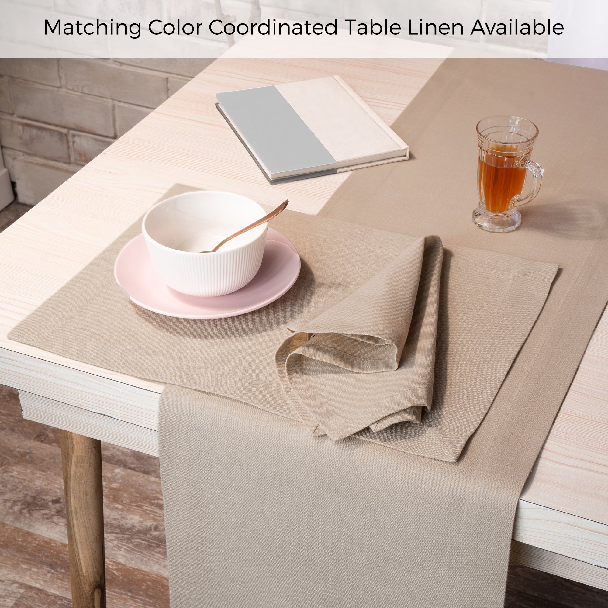 Natural faux linen dinner napkins folded to show fabric texture