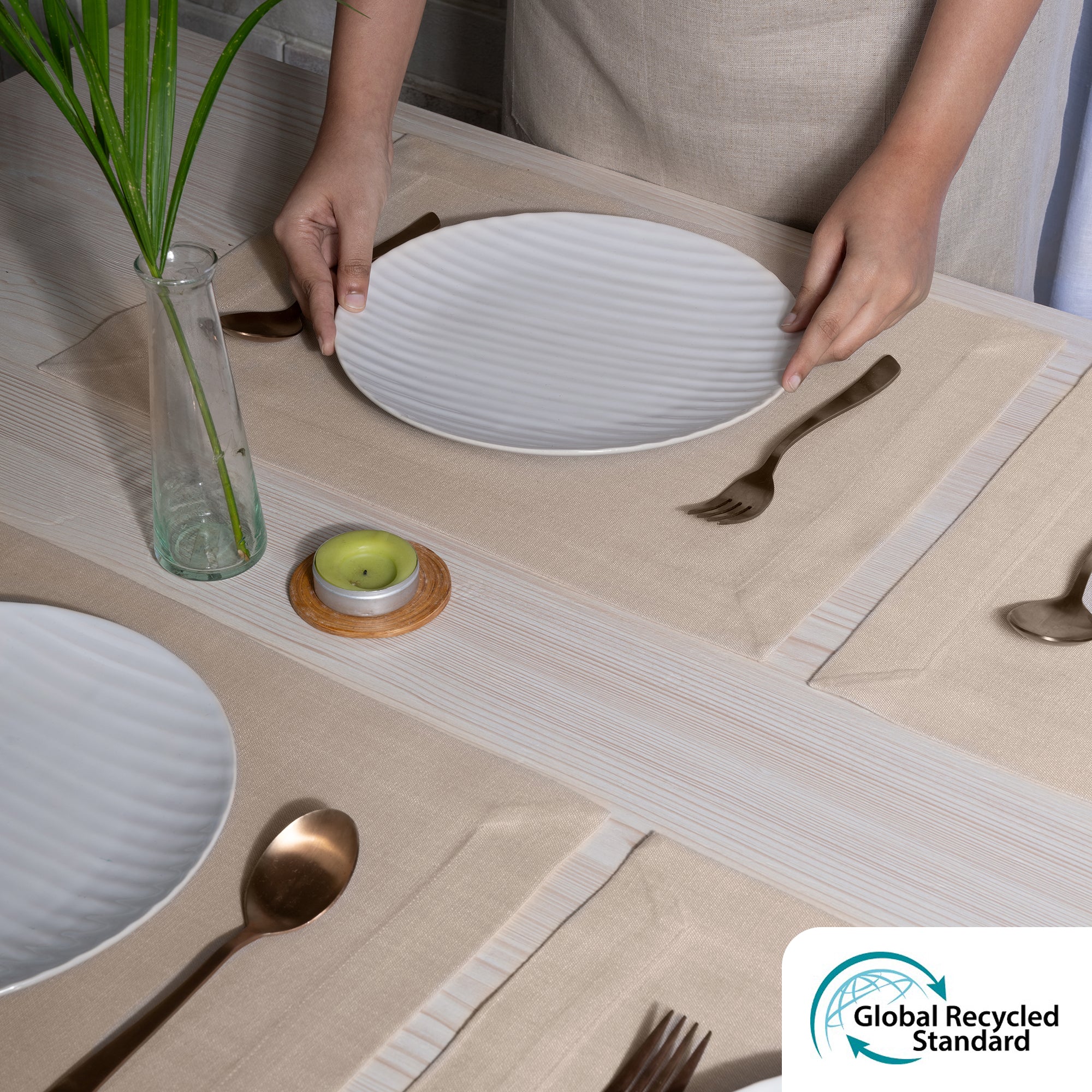 Close-up of the mitered corners on natural faux linen placemats