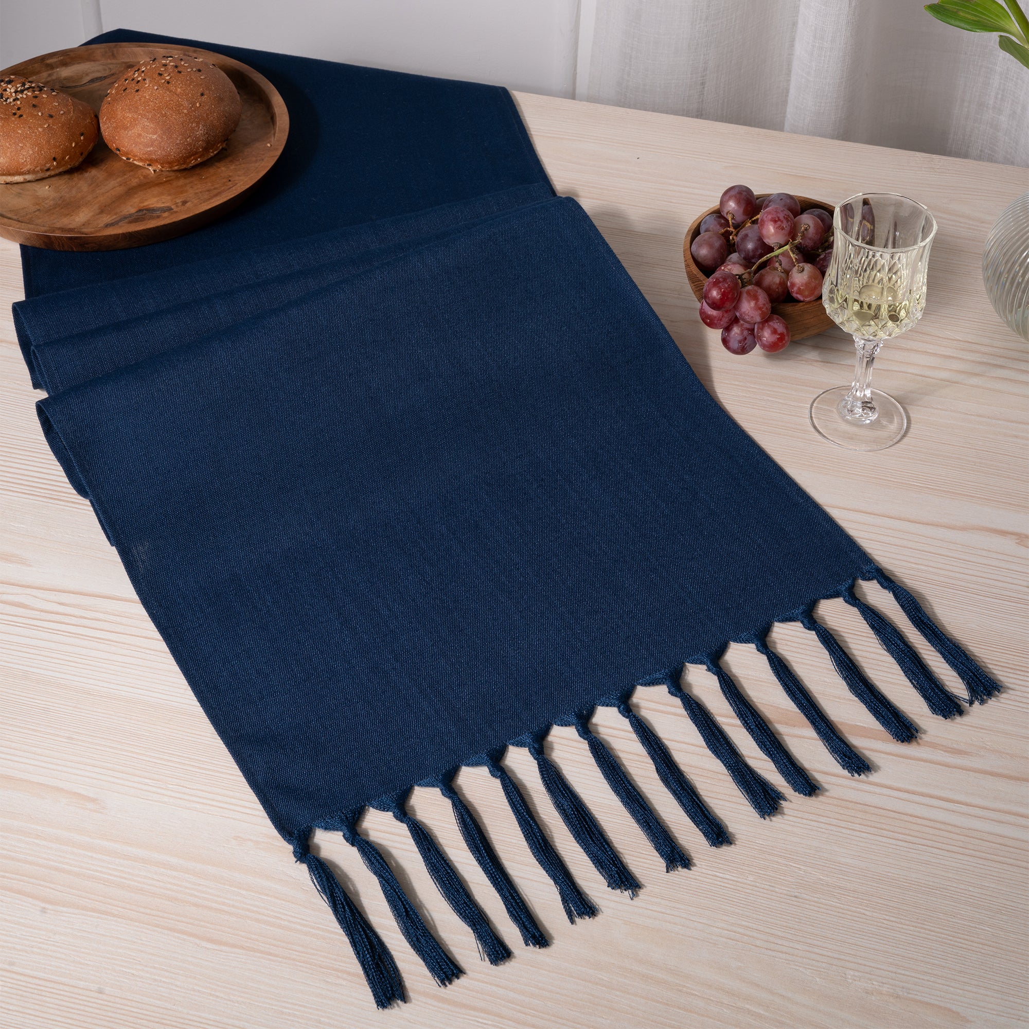 Navy blue faux linen table runner, 14 x 72 inches