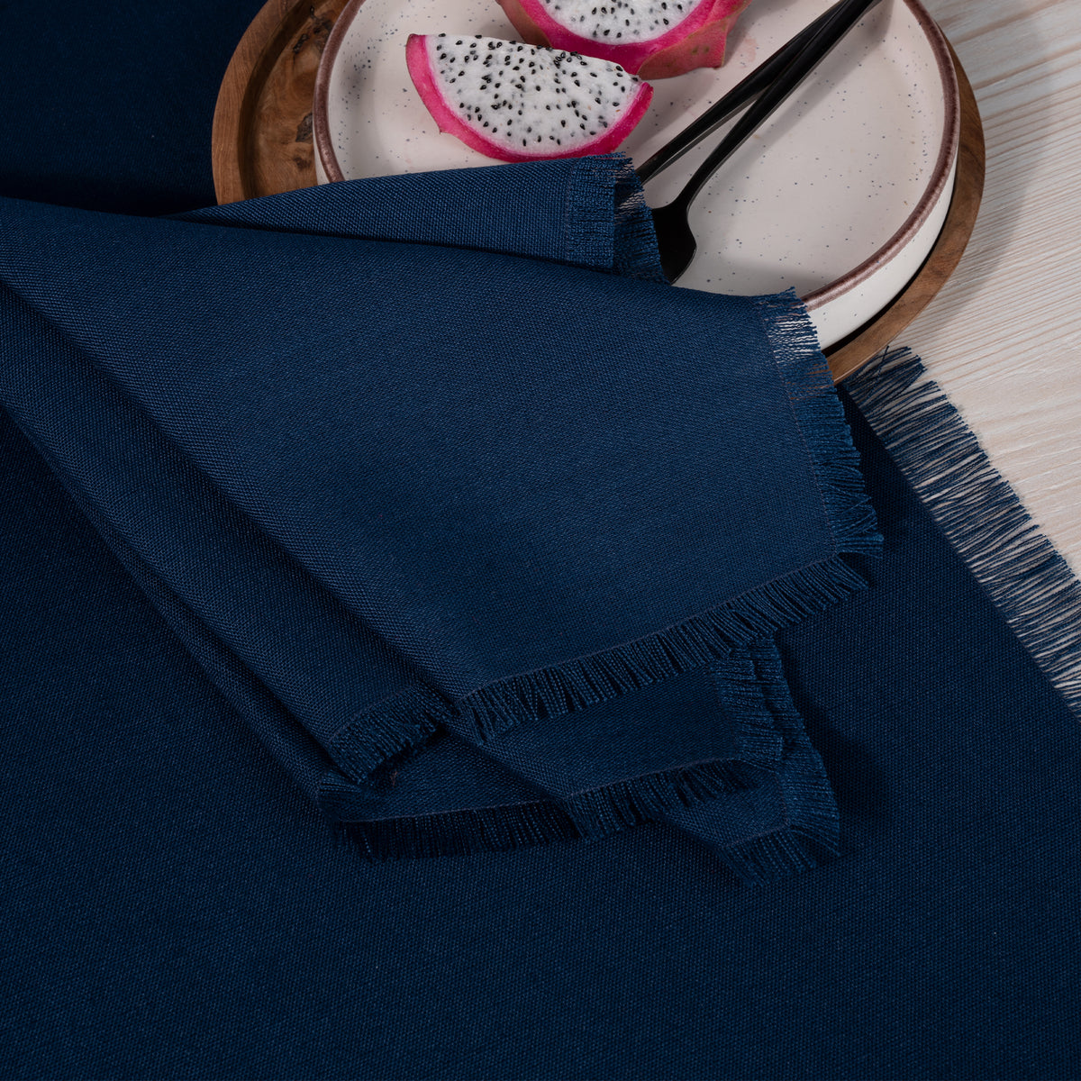 Navy blue faux linen dinner napkins with matching D'Moksha table linens