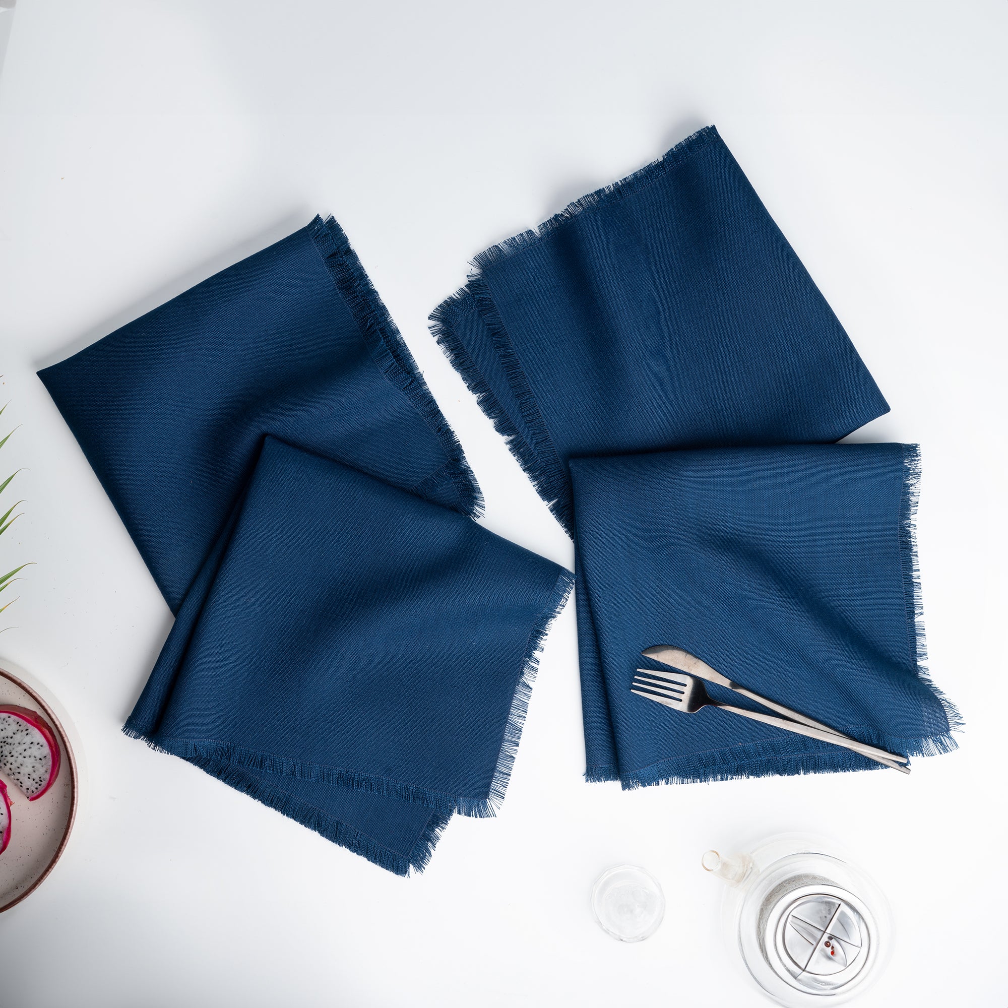 Navy blue faux linen dinner napkins with fringed edge, 20 x 20 inches, set of 4
