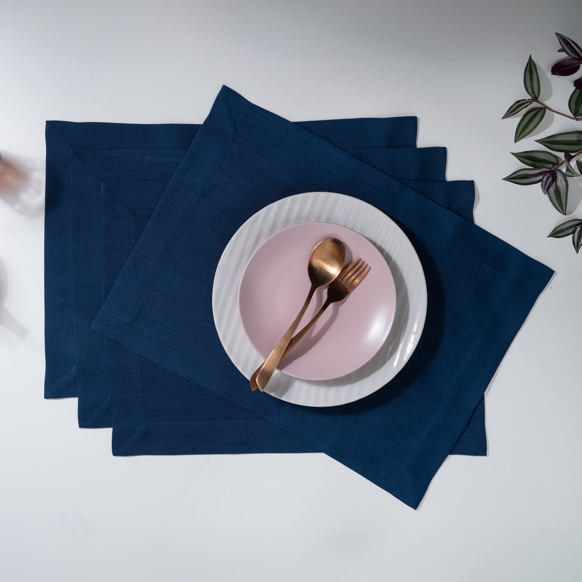 Navy Blue Faux Linen Placemats, Mitered Corner, 14 x 19 inch, 4 pcs