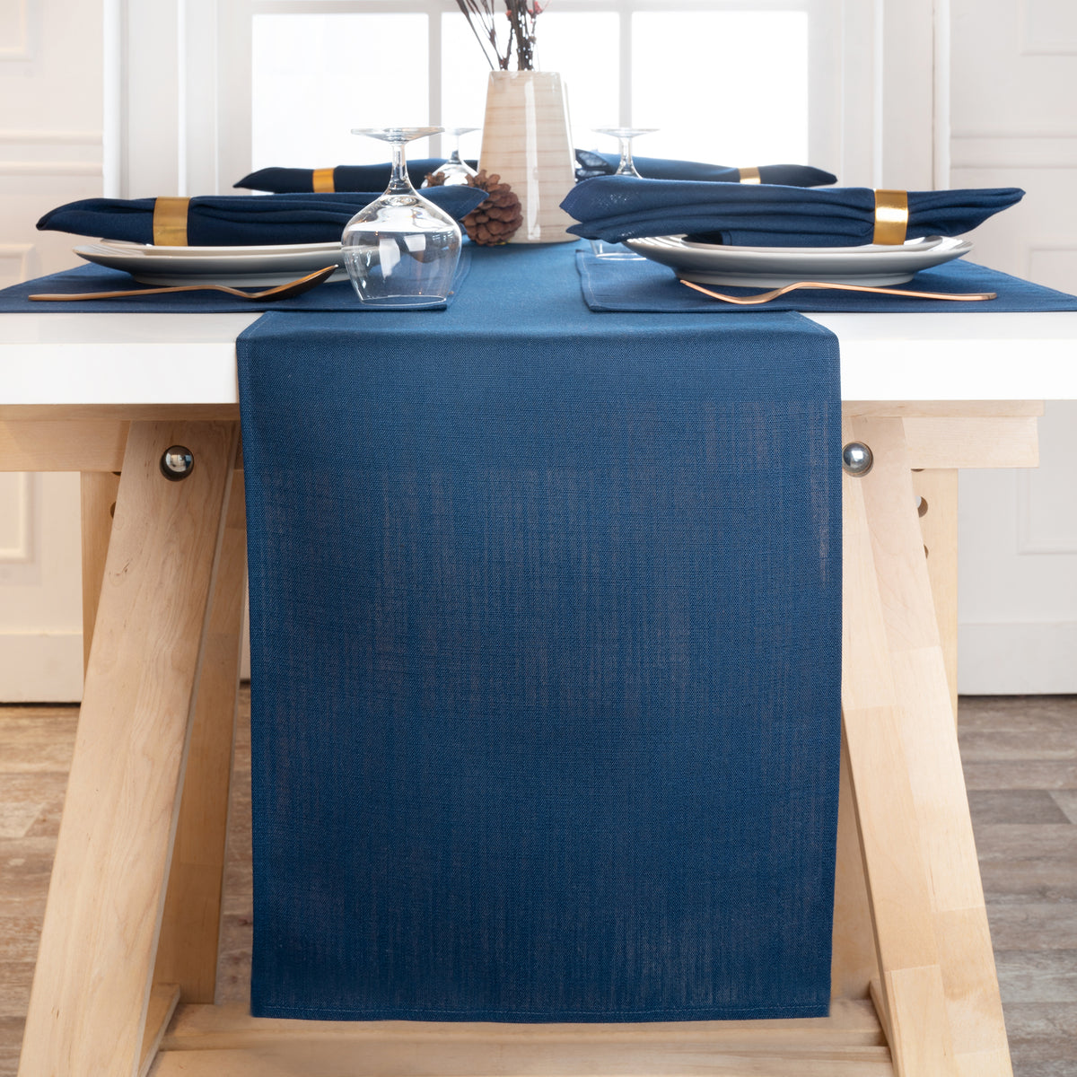 Navy blue faux linen table runner, 13 x 36 inches