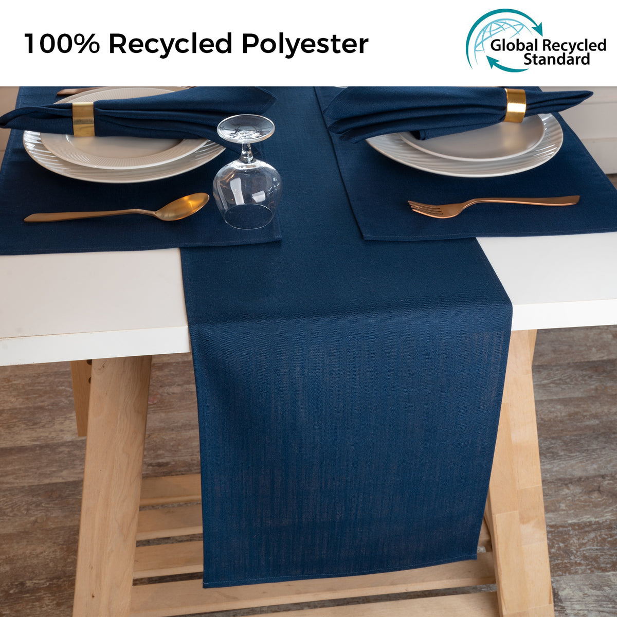 Navy blue faux linen table runner styled on a dining table