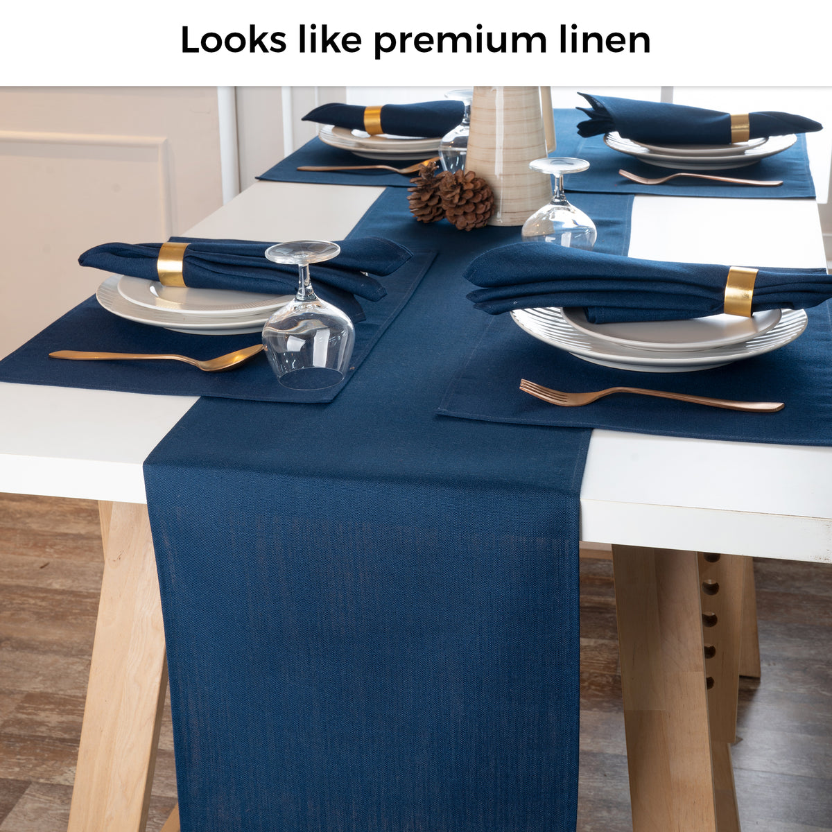 Close-up of the weave on a navy blue faux linen table runner