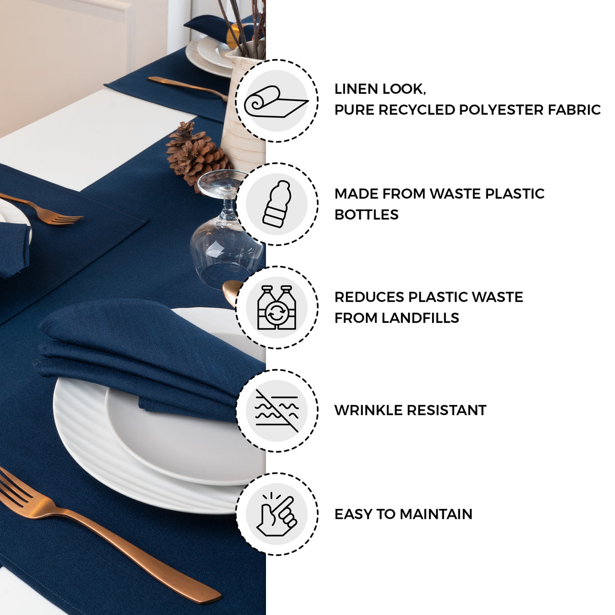 Navy blue faux linen table runner with matching D'Moksha table linens