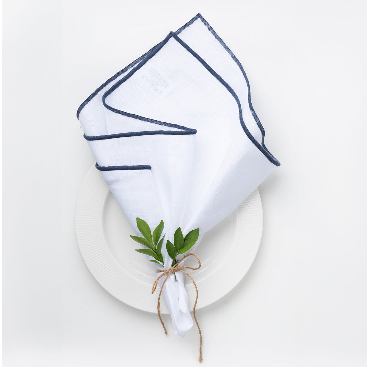 White and navy blue pure linen dinner napkins with marrow edge, 20 x 20 inches, set of 4