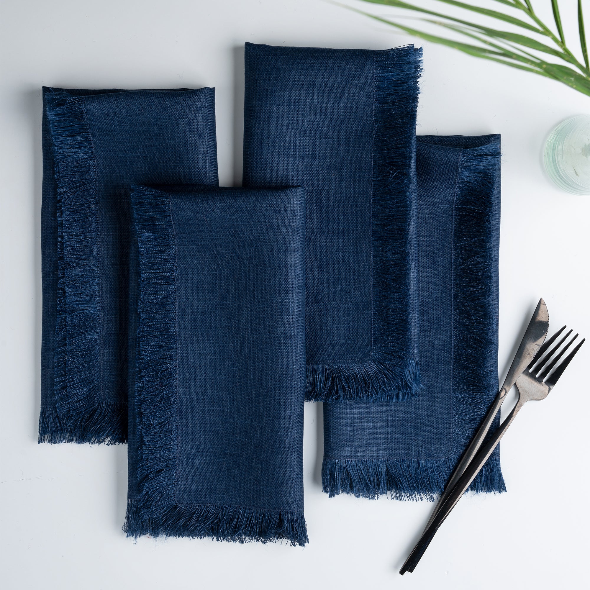 Navy blue pure linen dinner napkins with fringed edge, 20 x 20 inches, set of 4