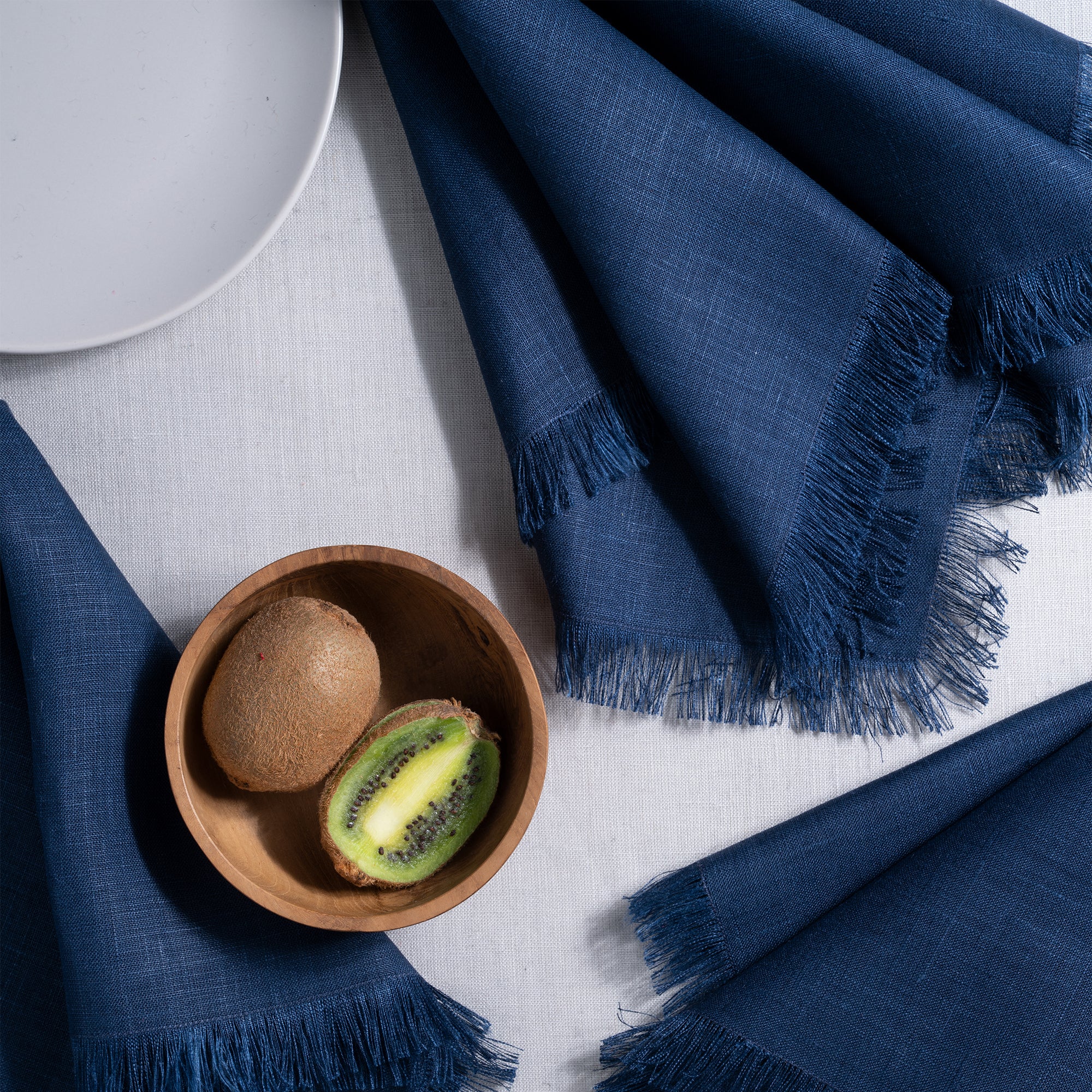Navy blue pure linen dinner napkins with matching D'Moksha table linens
