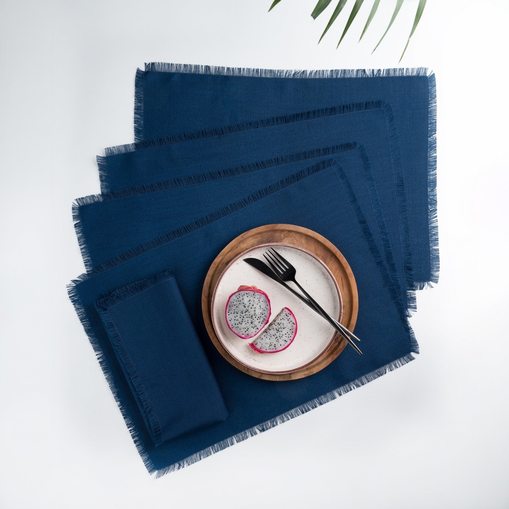 Navy blue faux linen placemats with fringed edge, 14 x 19 inches, set of 4