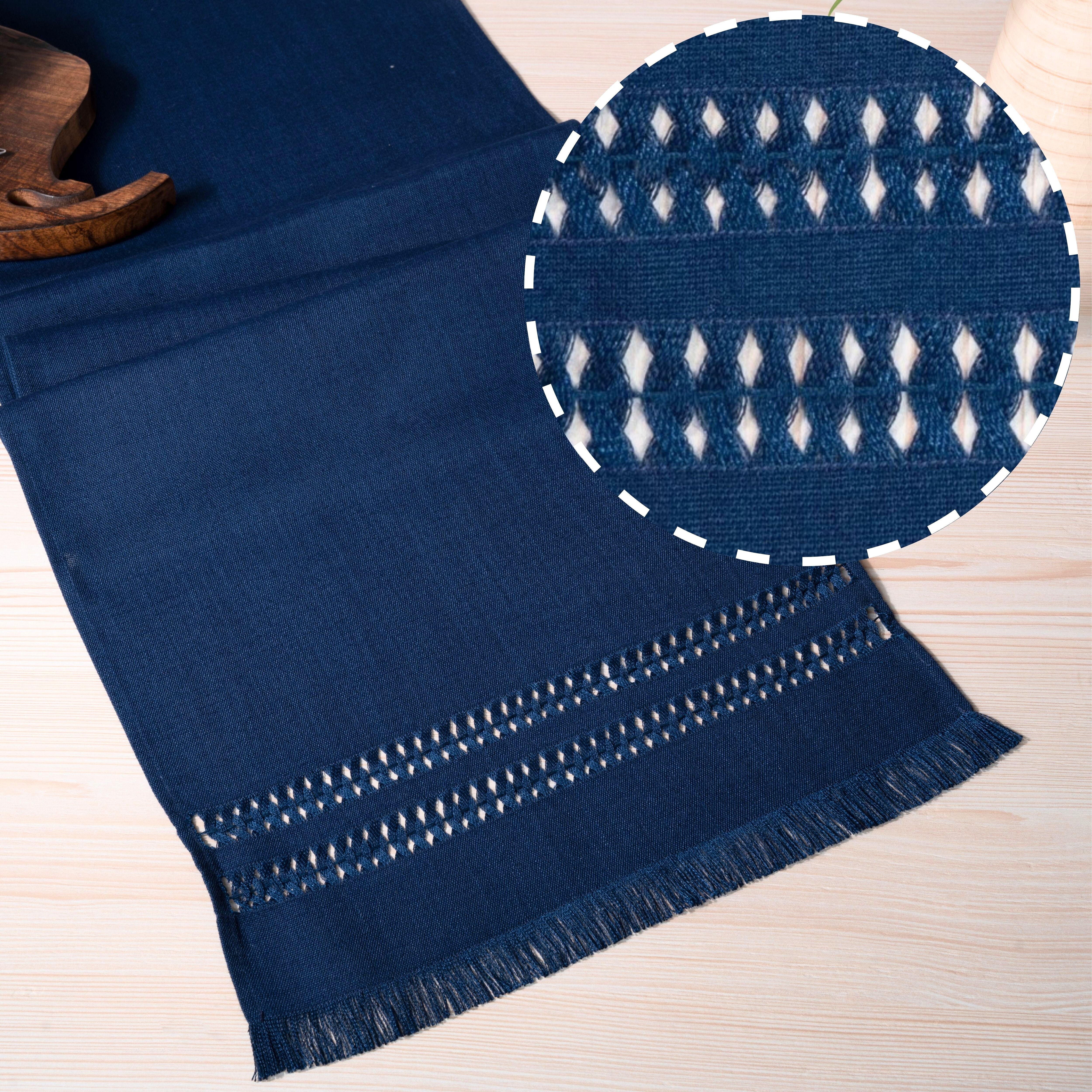 Navy blue faux linen table runner with hand-hemstitch edge, 14 x 72 inches