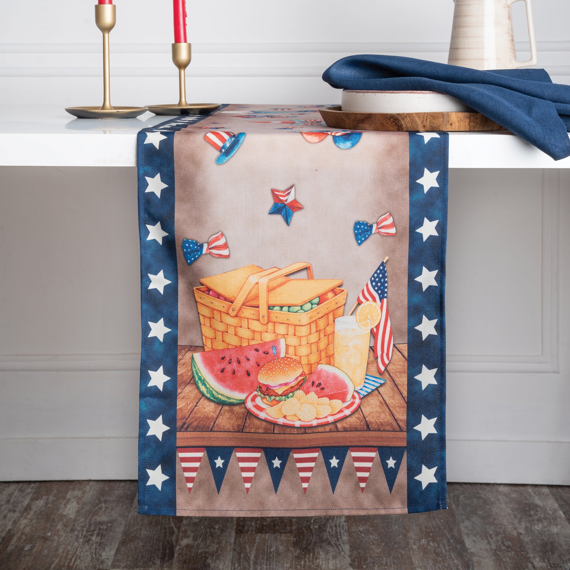 Picnic basket july linen table runner, 13 x 36 inches