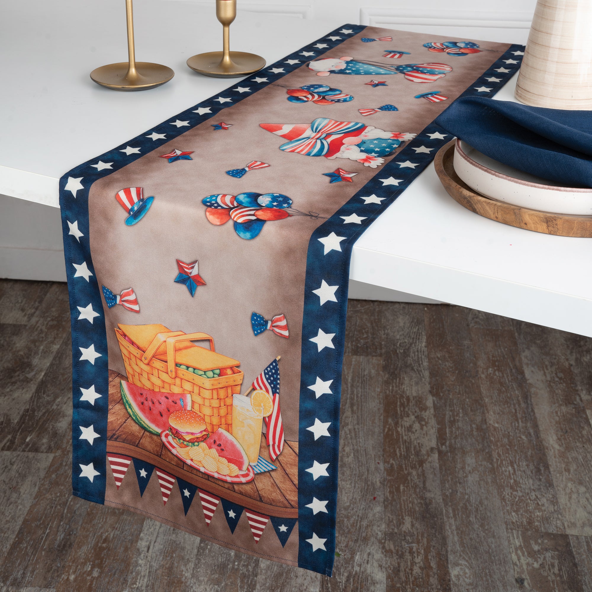 Picnic basket july linen table runner styled on a dining table