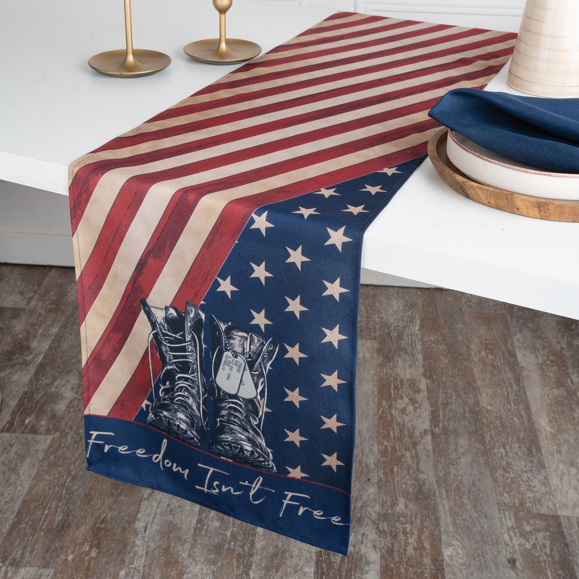 Freedom isn t free linen table runner styled on a dining table