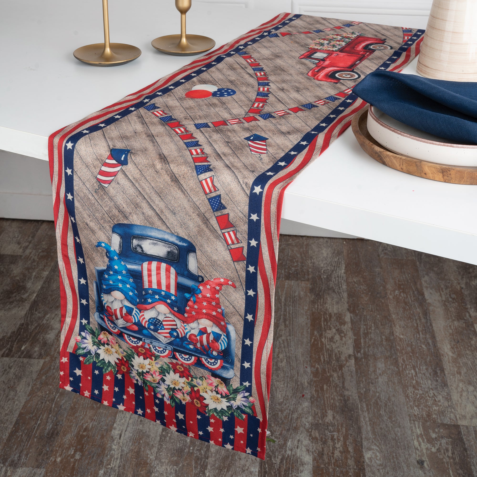Farmtruck gnomes july linen table runner styled on a dining table