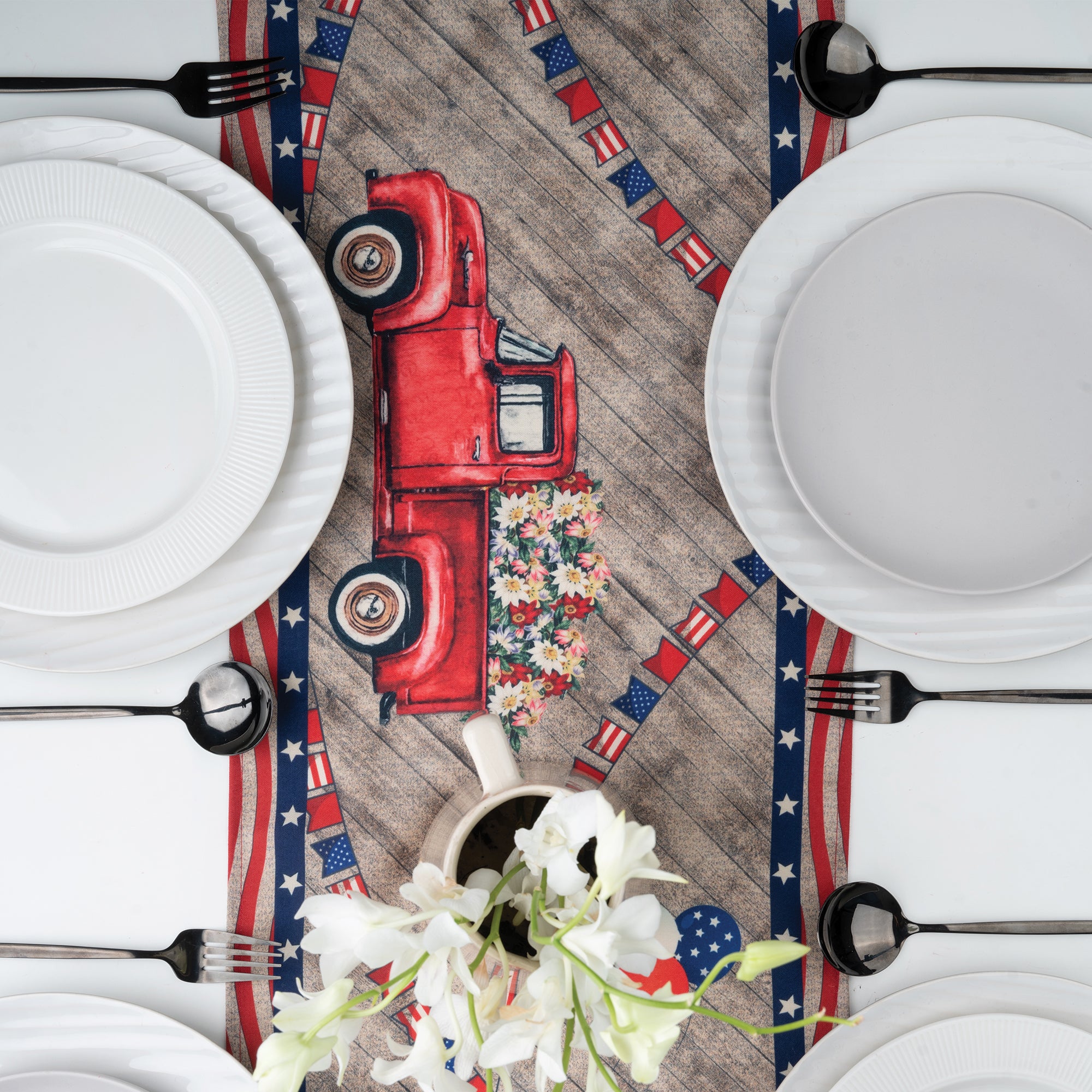 Farmtruck gnomes july linen table runner with matching D'Moksha table linens