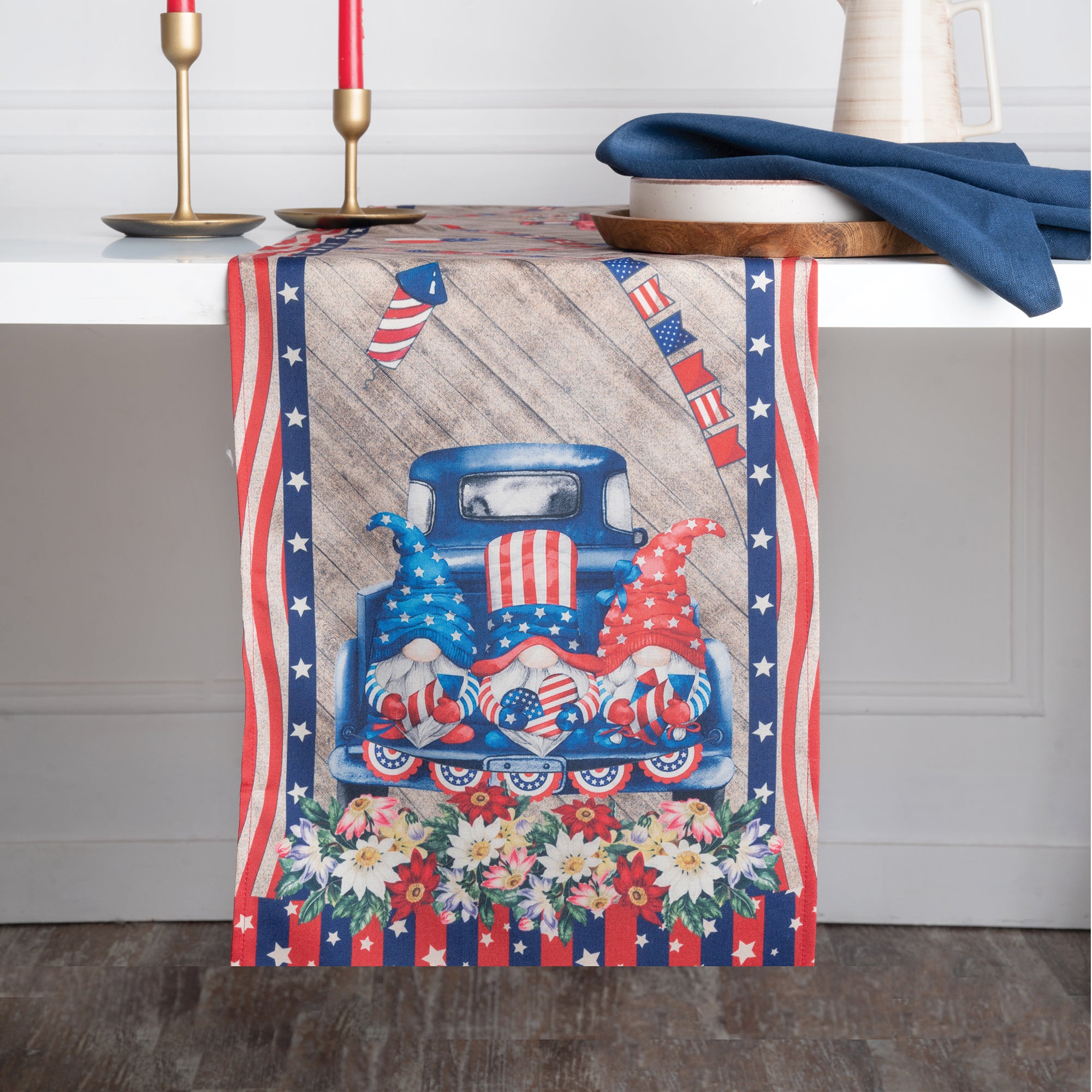 Farmtruck gnomes july linen table runner, 13 x 36 inches