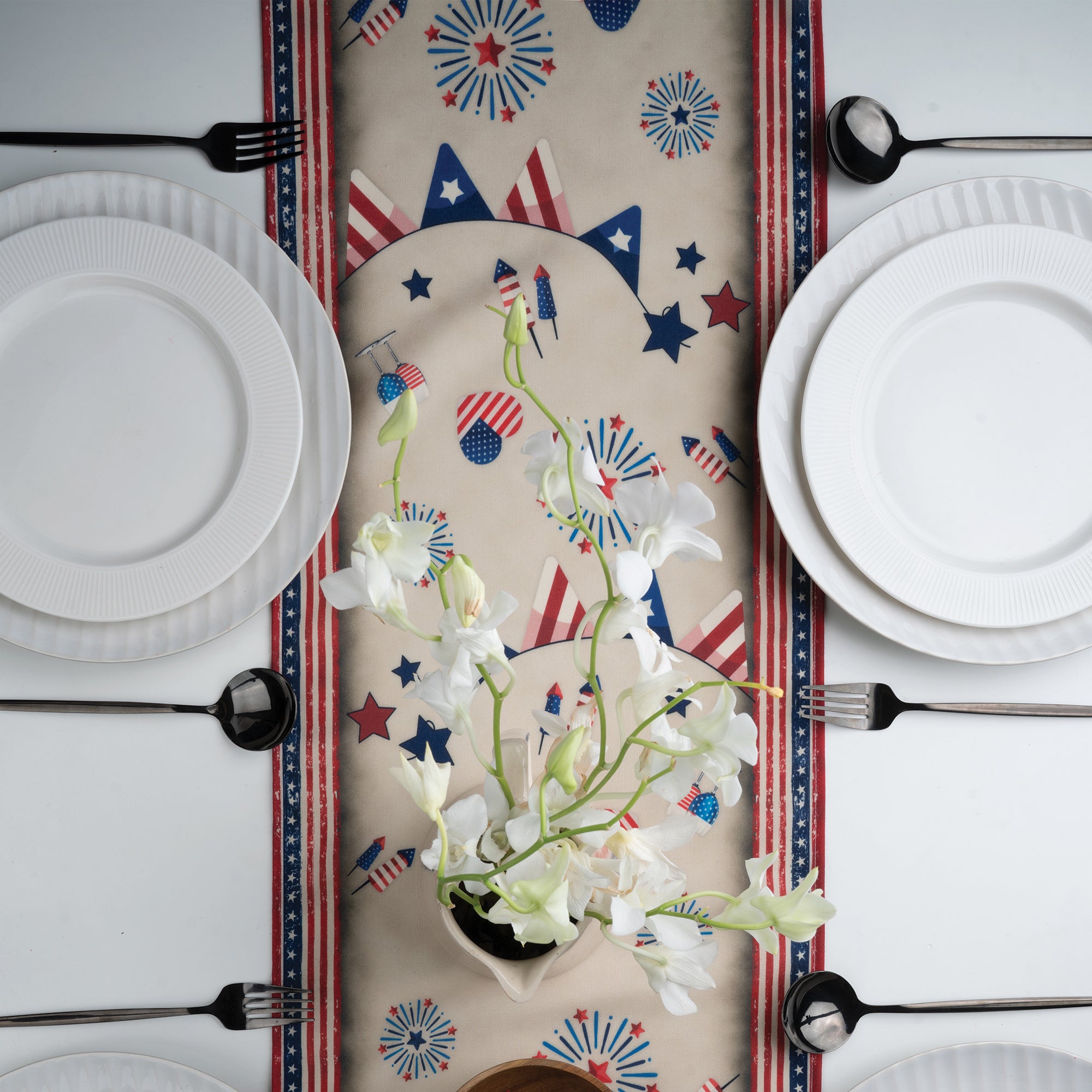 Remember heroes july linen table runner with matching D'Moksha table linens