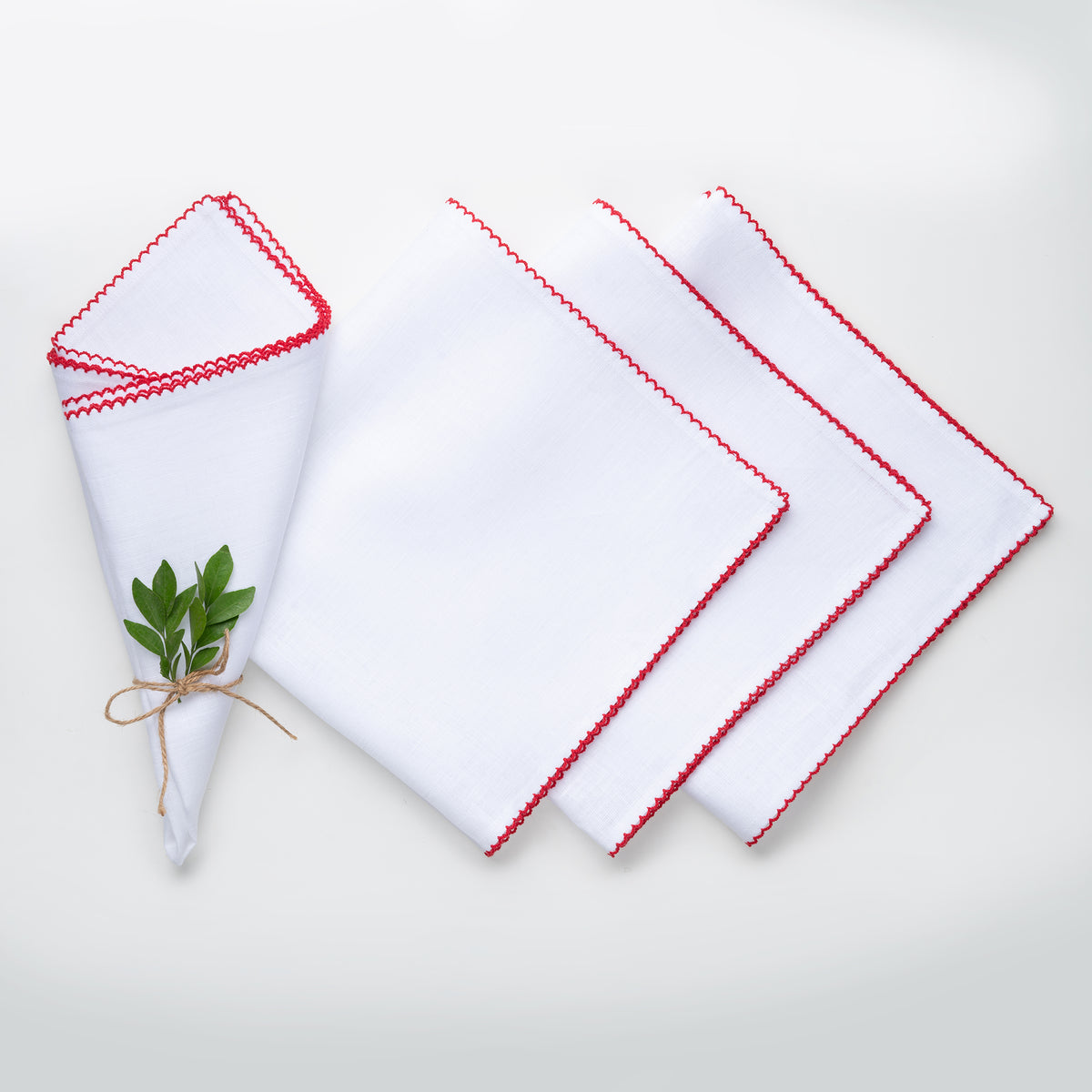 White and red pure linen dinner napkins with whipstitch edge, 20 x 20 inches, set of 4