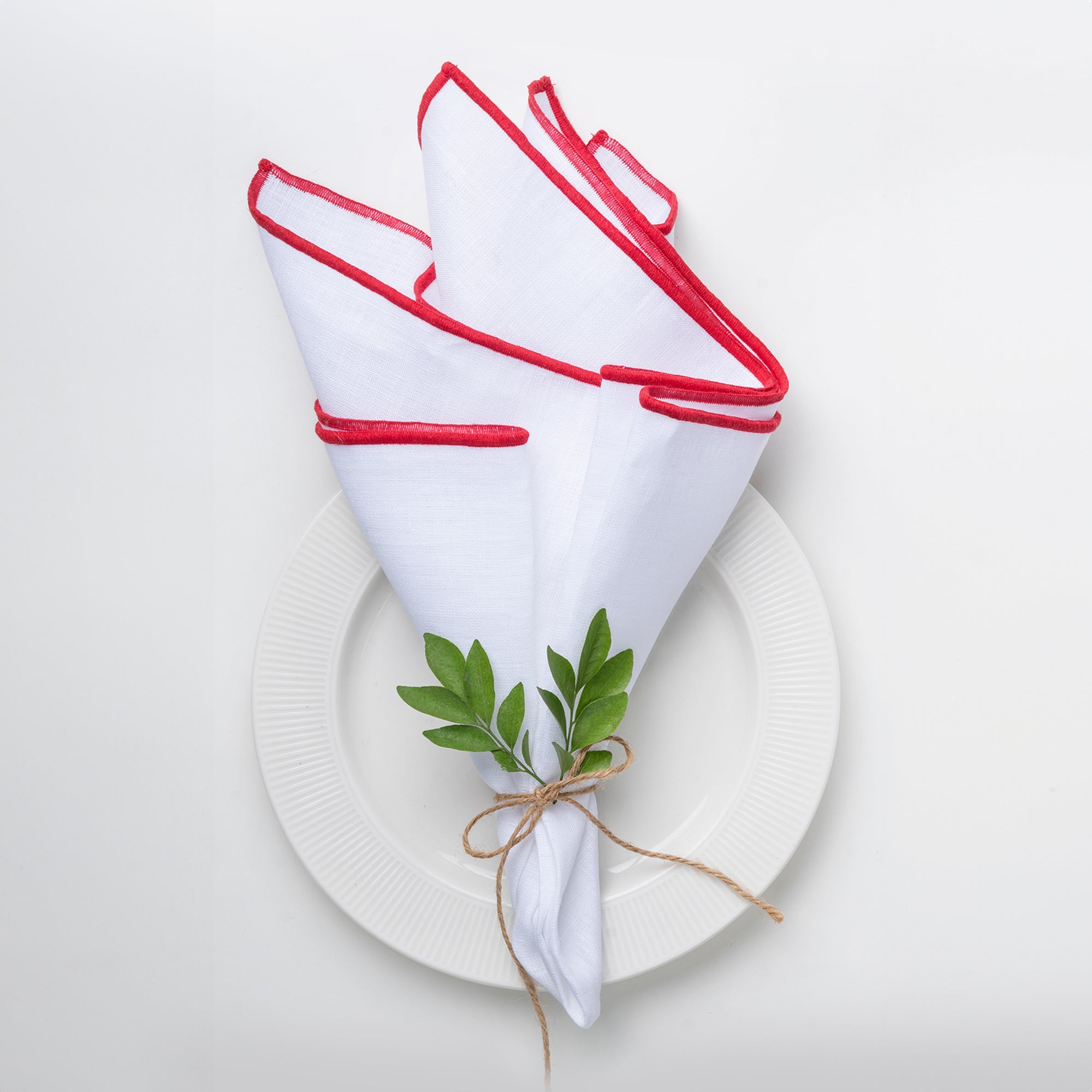 White and red pure linen dinner napkins with marrow edge, 20 x 20 inches, set of 4