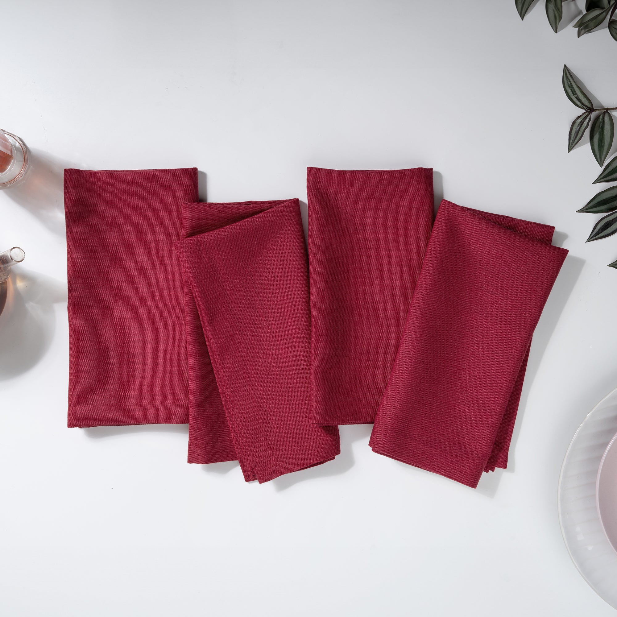 Red faux linen dinner napkins with mitered corners, 20 x 20 inches, set of 4