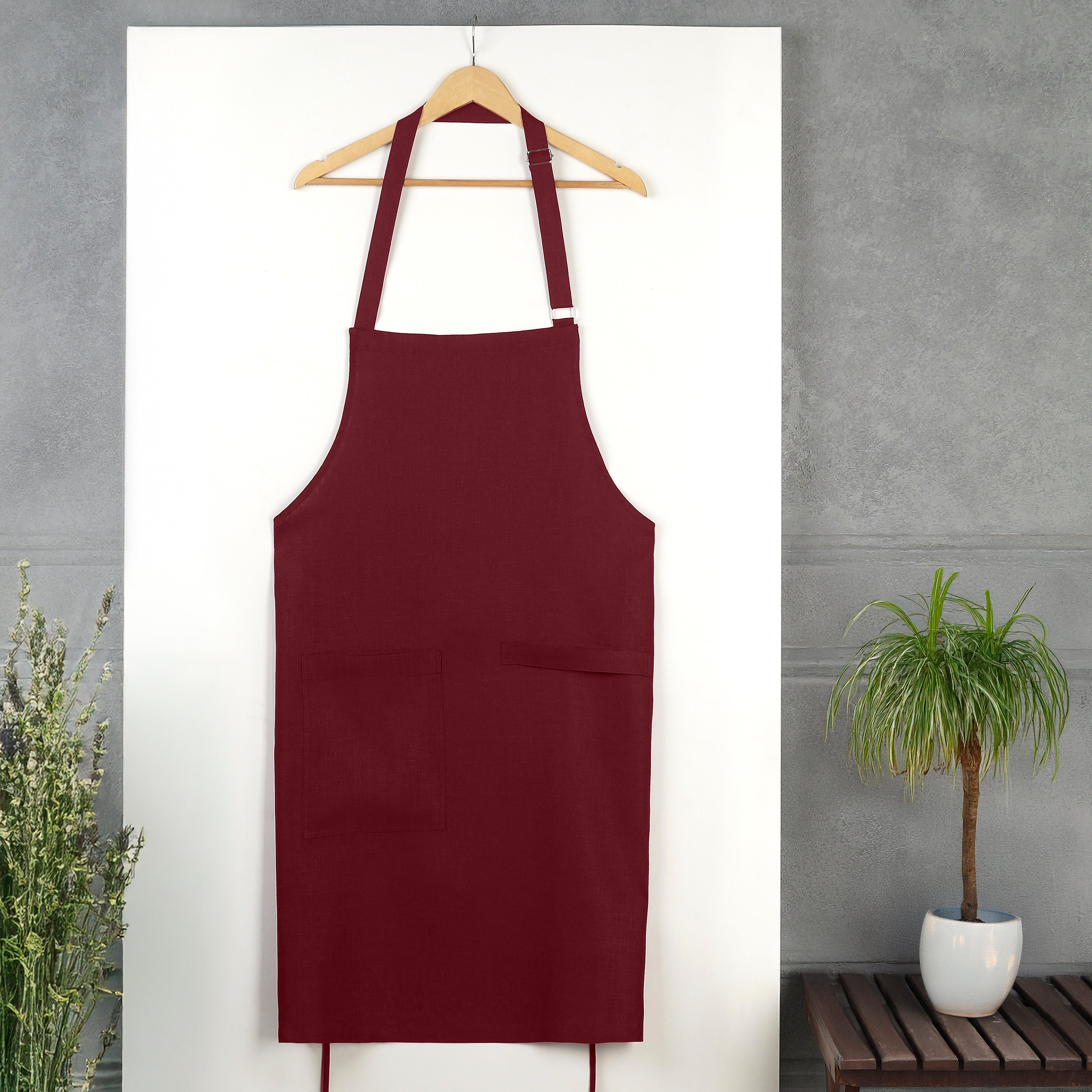 Dark Red Linen Apron - Adjustable Strap