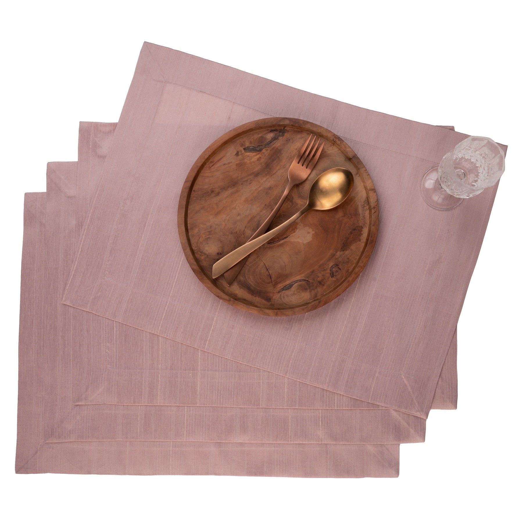 Rose gold Luxe Shine placemats with mitered corners, 14 x 19 inches, set of 4