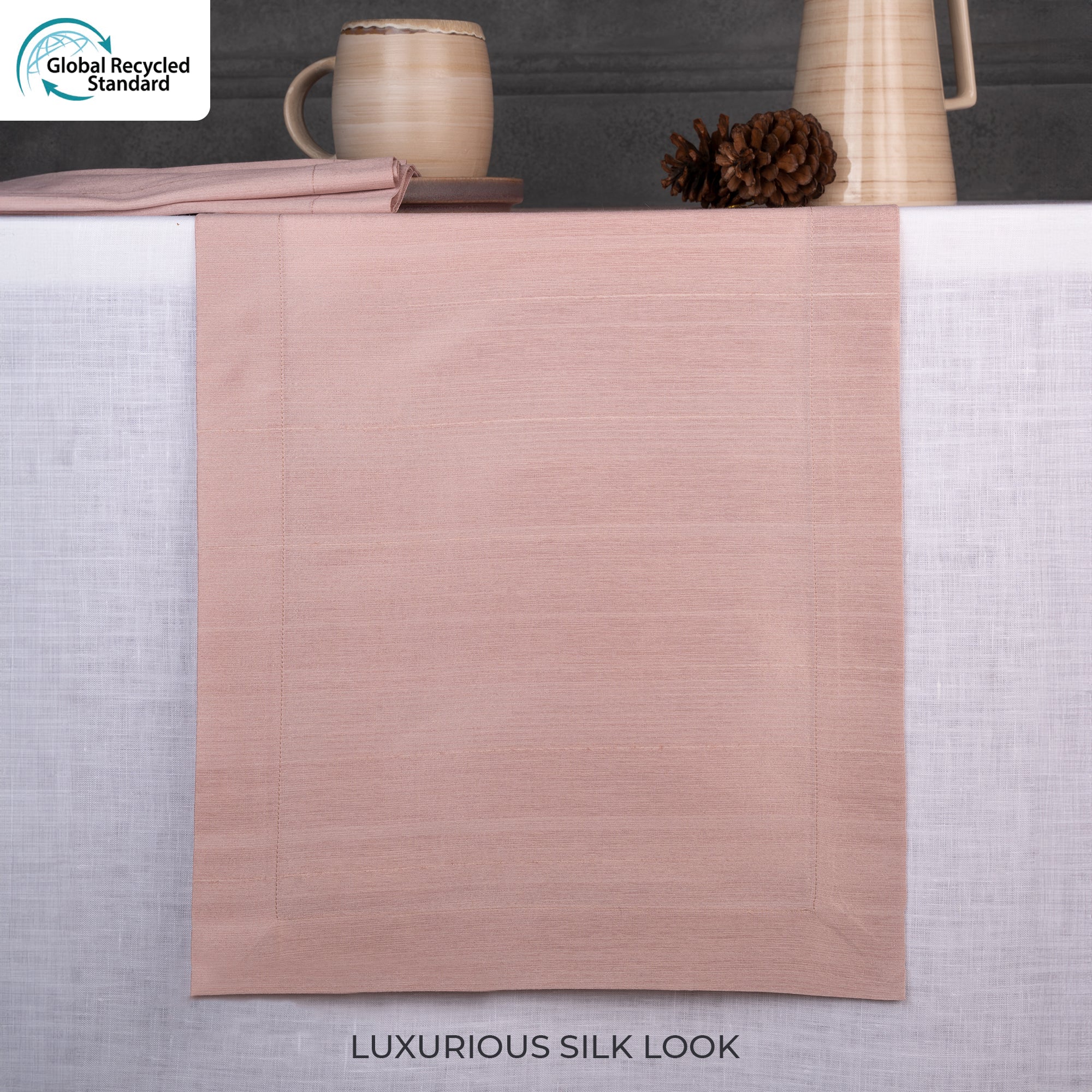 Rose gold Luxe Shine table runner styled on a dining table