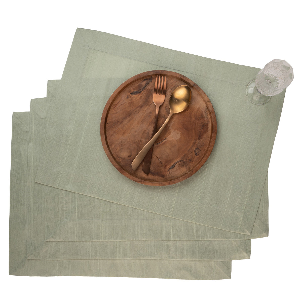 Sage green Luxe Shine placemats with mitered corners, 14 x 19 inches, set of 4
