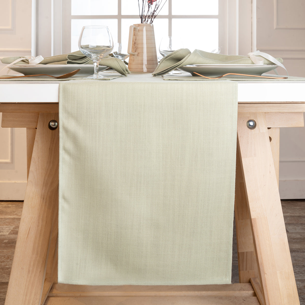 Sage green faux linen table runner, 13 x 36 inches