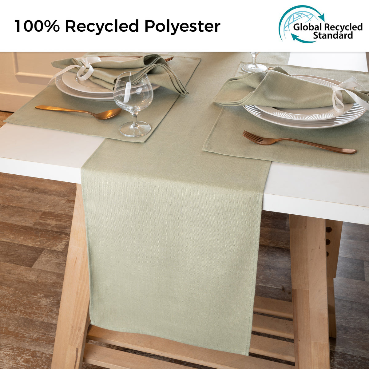 Sage green faux linen table runner styled on a dining table