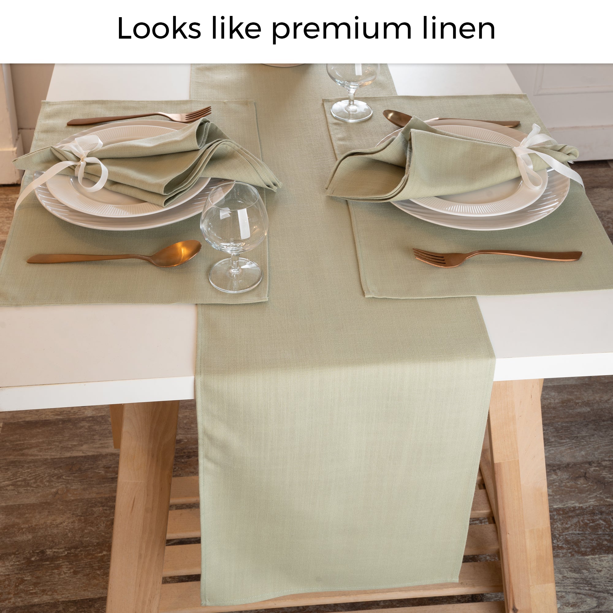 Close-up of the weave on a sage green faux linen table runner